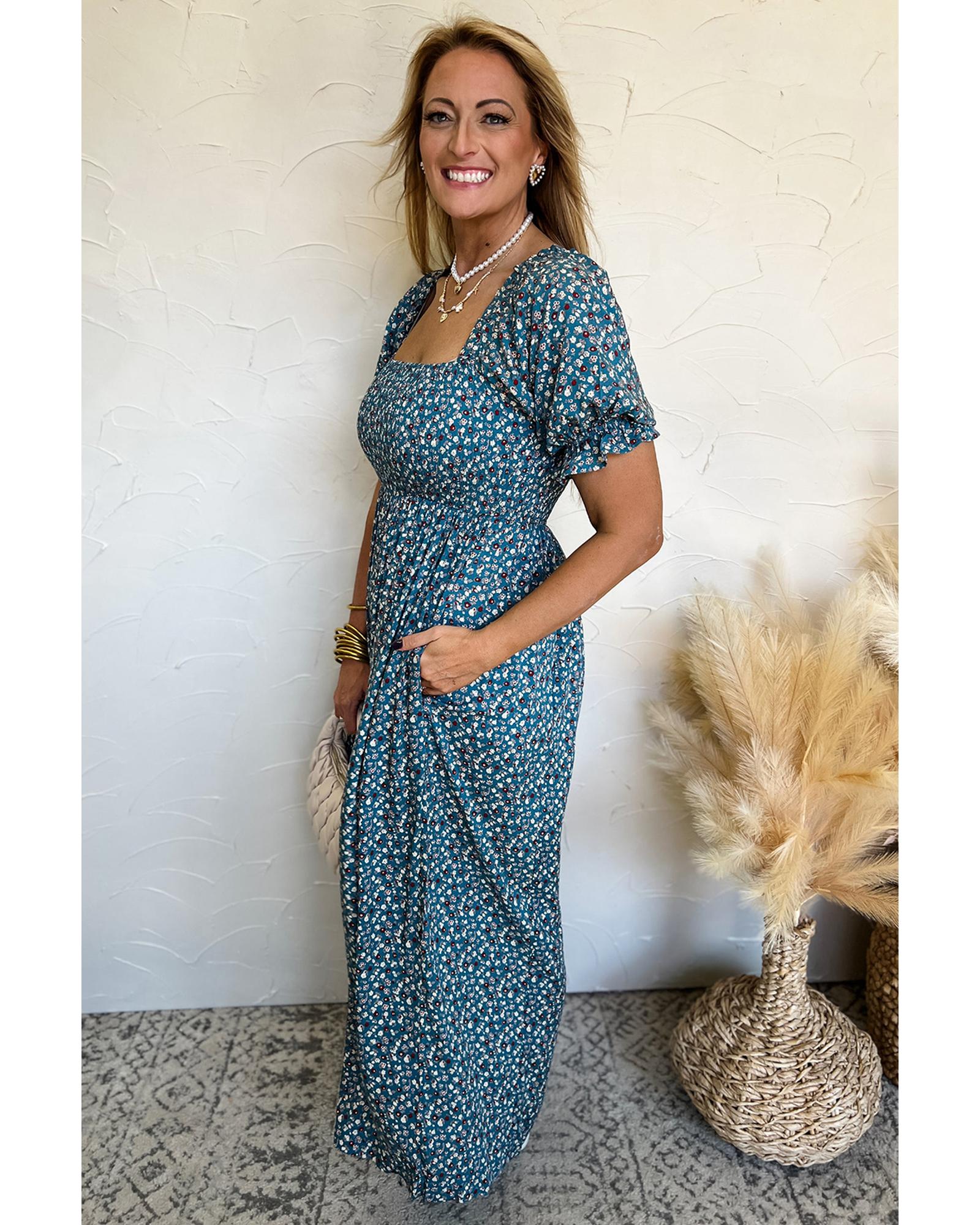 Blue Vintage Boho Floral Smocked Short Puff Sleeve Wide Leg Jumpsuit - L 4