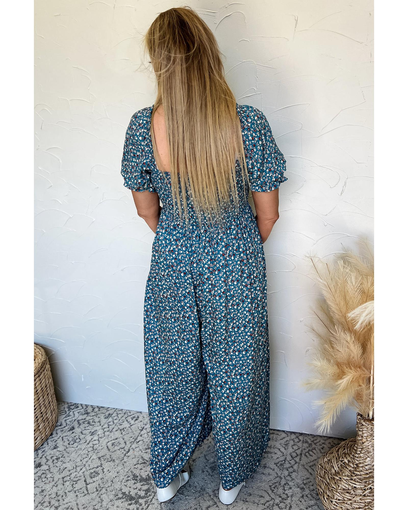 Blue Vintage Boho Floral Smocked Short Puff Sleeve Wide Leg Jumpsuit - M