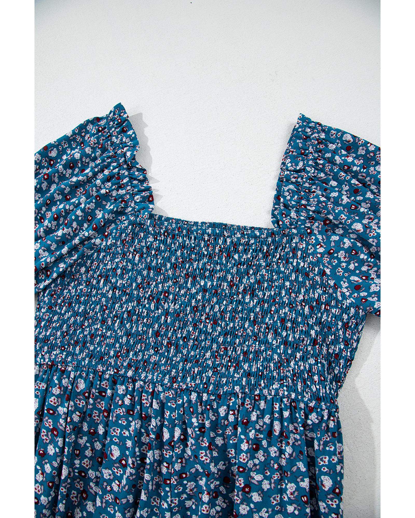 Blue Vintage Boho Floral Smocked Short Puff Sleeve Wide Leg Jumpsuit - M 5