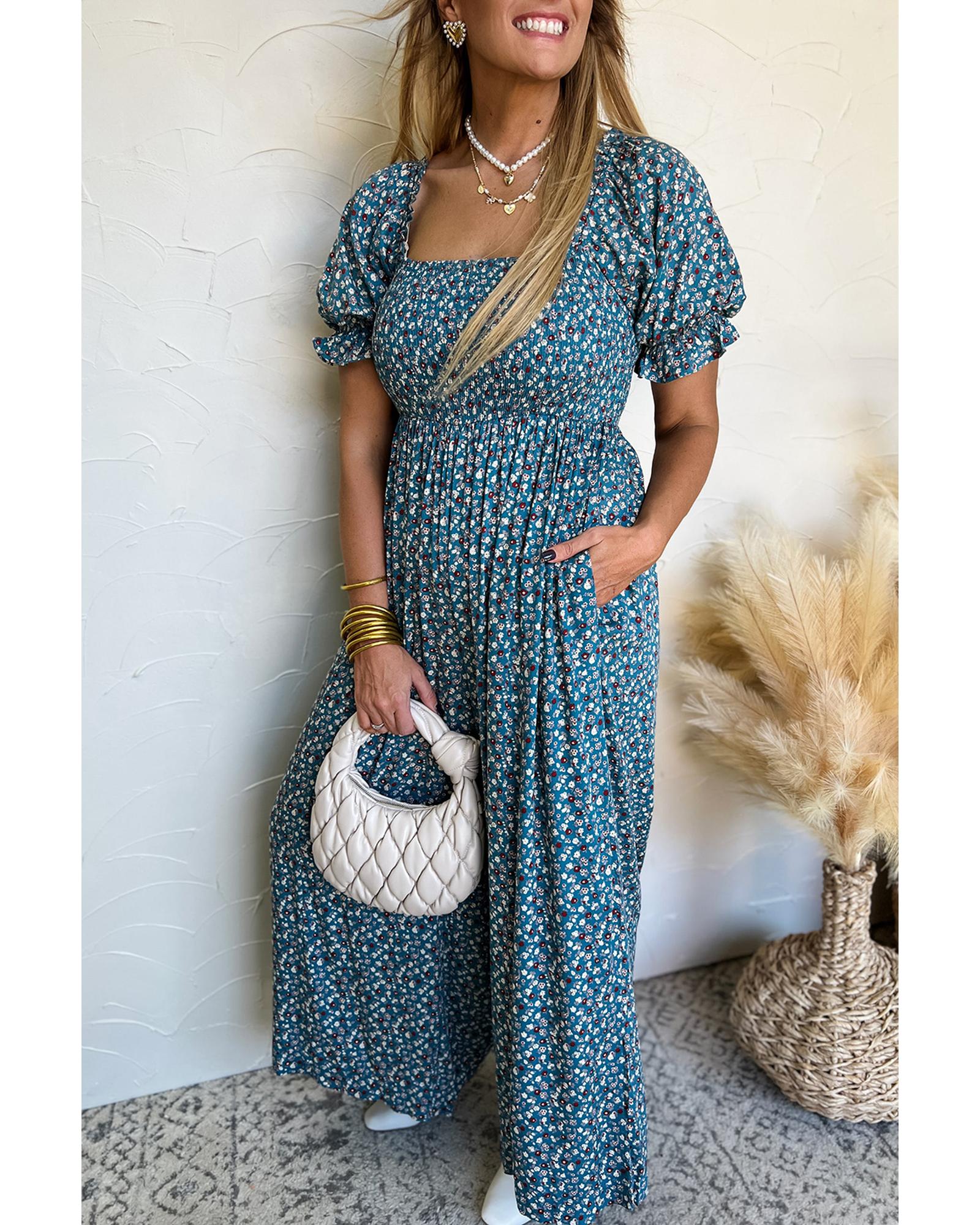 Blue Vintage Boho Floral Smocked Short Puff Sleeve Wide Leg Jumpsuit - M 8