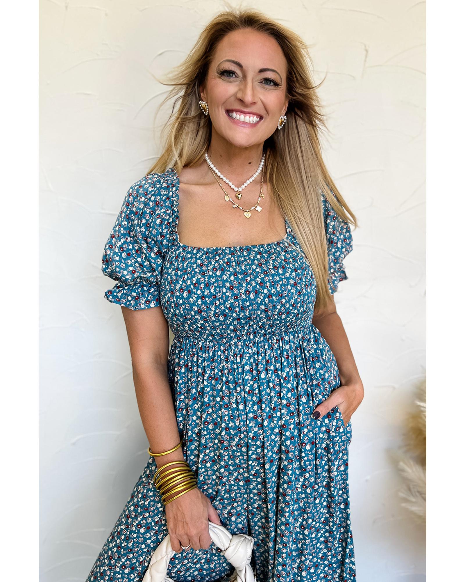Blue Vintage Boho Floral Smocked Short Puff Sleeve Wide Leg Jumpsuit - S 3