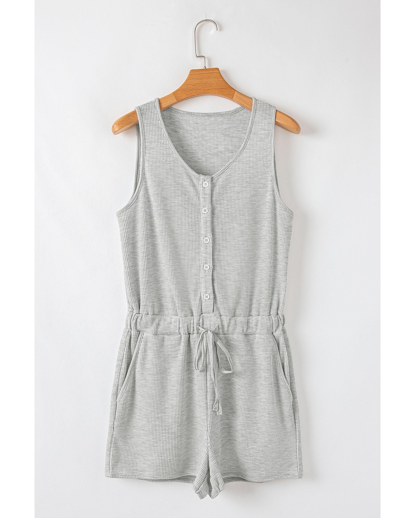 Light Grey Waffle Knit Sleeveless Buttoned Front Drawstring Waist Romper - L 6