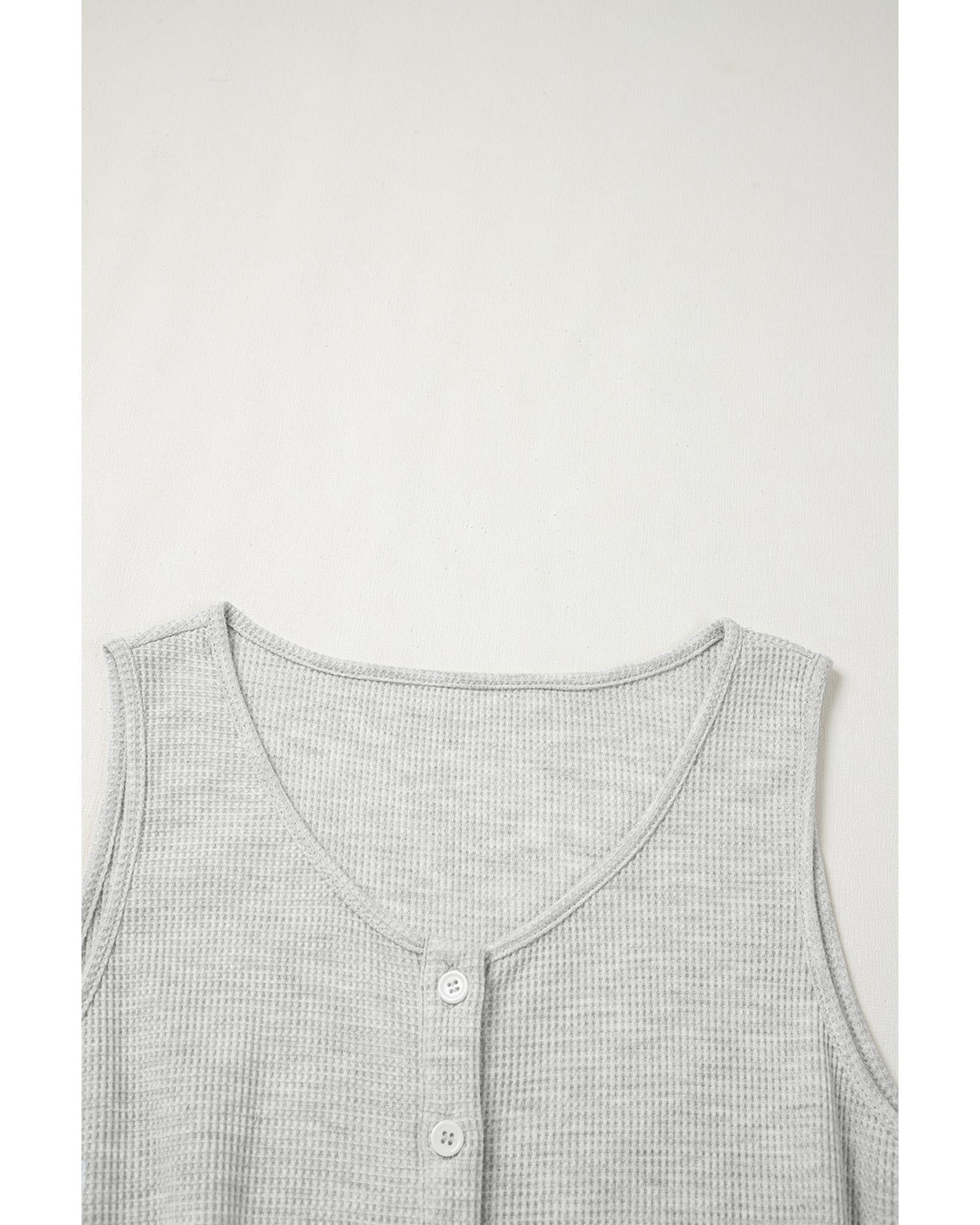 Light Grey Waffle Knit Sleeveless Buttoned Front Drawstring Waist Romper - L 8