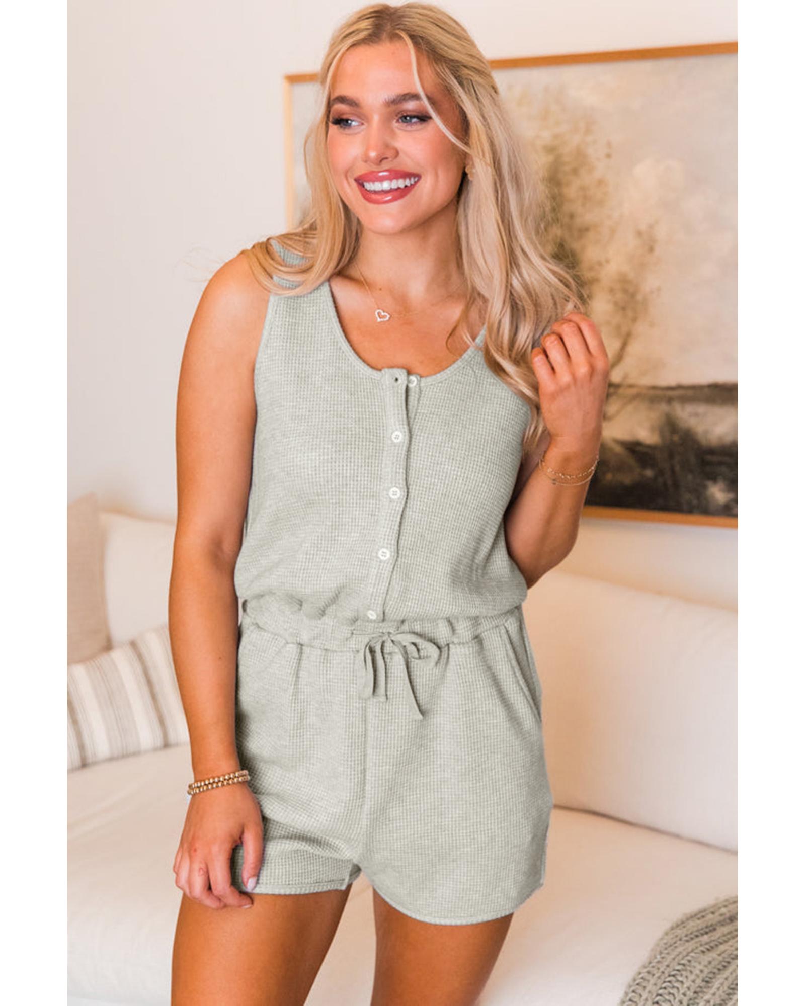 Light Grey Waffle Knit Sleeveless Buttoned Front Drawstring Waist Romper - M 4