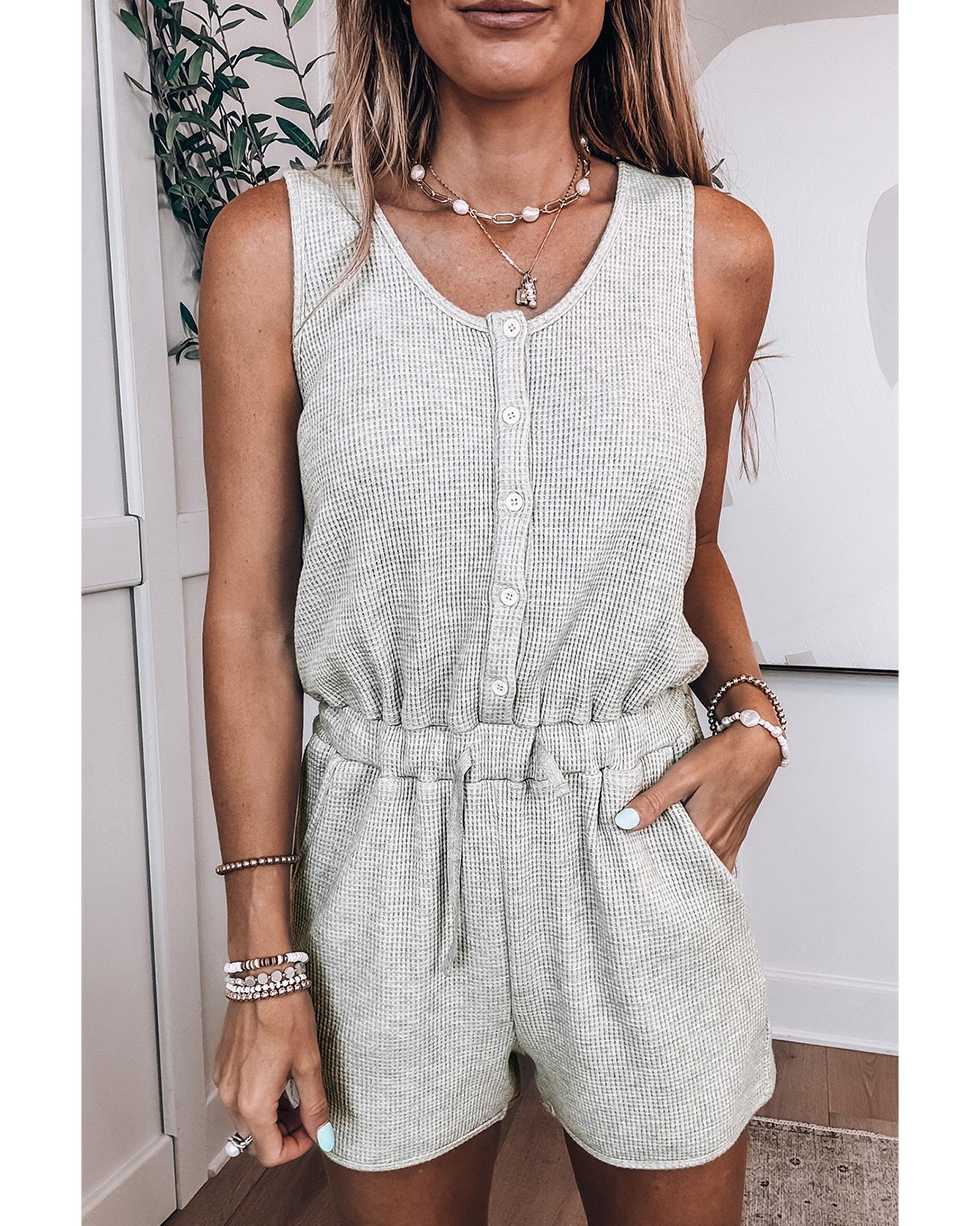 Light Grey Waffle Knit Sleeveless Buttoned Front Drawstring Waist Romper - S