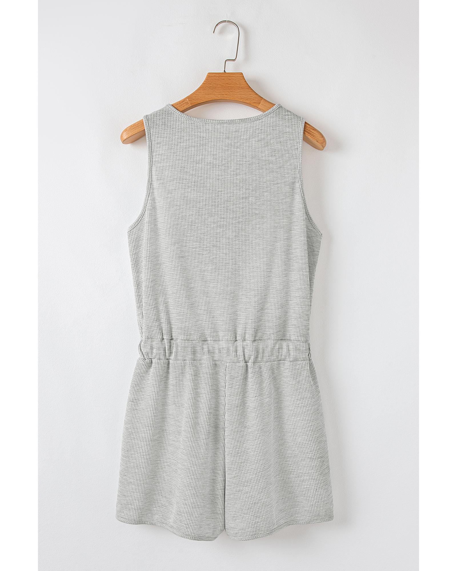 Light Grey Waffle Knit Sleeveless Buttoned Front Drawstring Waist Romper - S 7