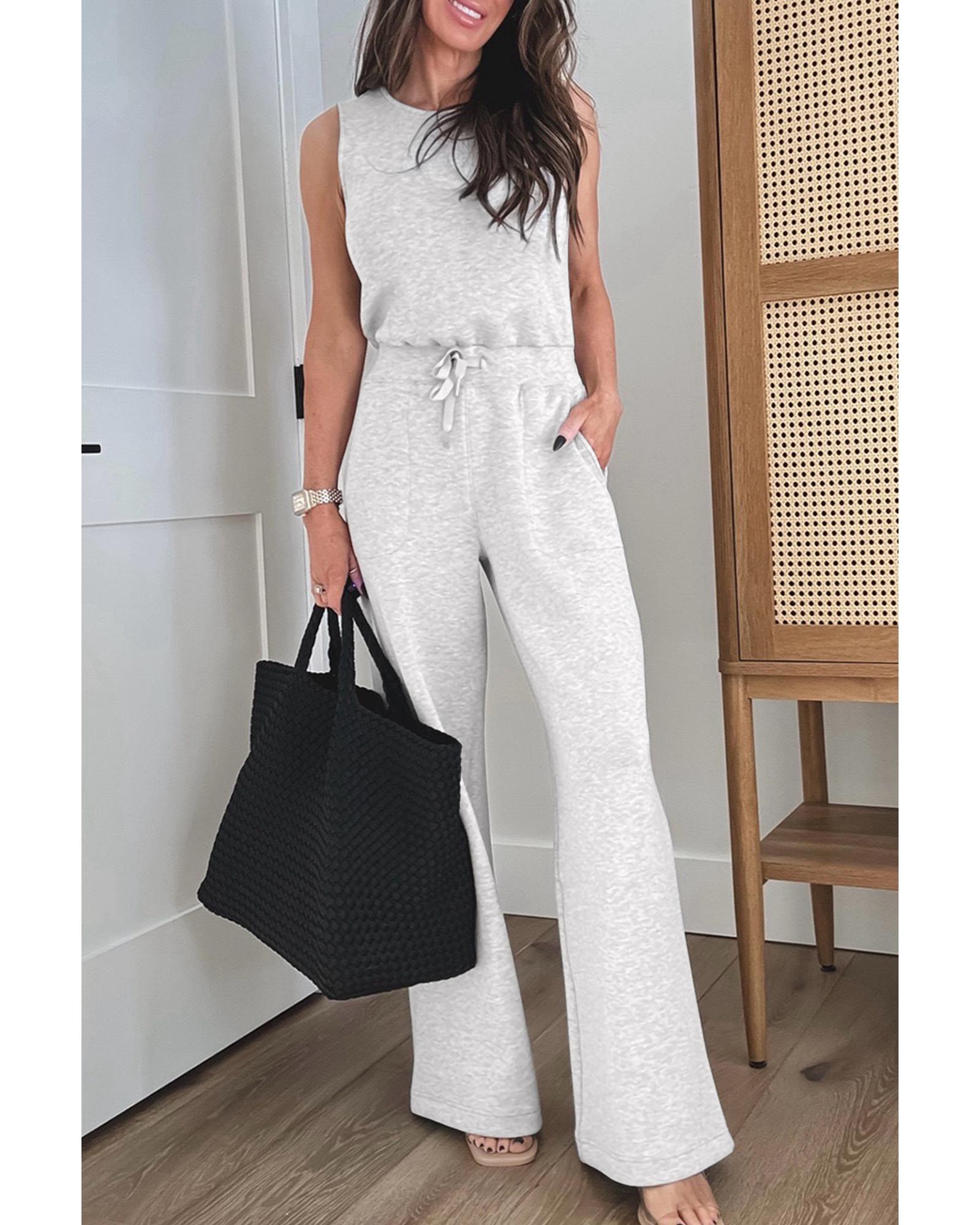 Light Grey Solid Color Crew Neck Drawstring High Waist Sleeveless Jumpsuit - M