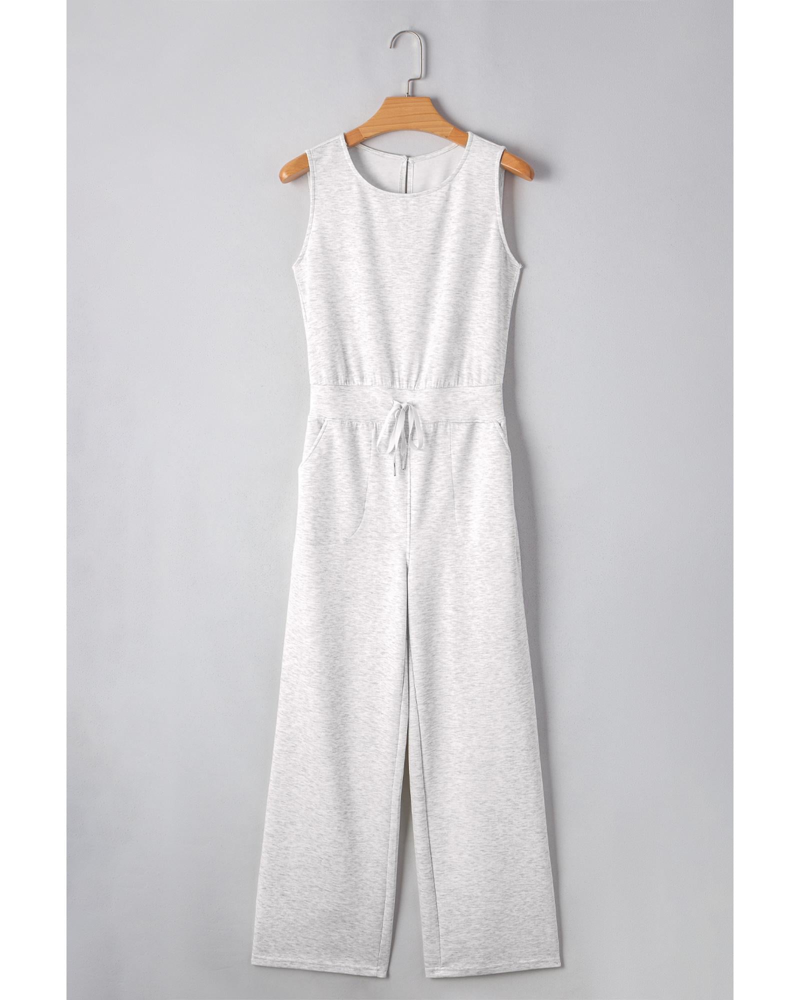 Light Grey Solid Color Crew Neck Drawstring High Waist Sleeveless Jumpsuit - M 7