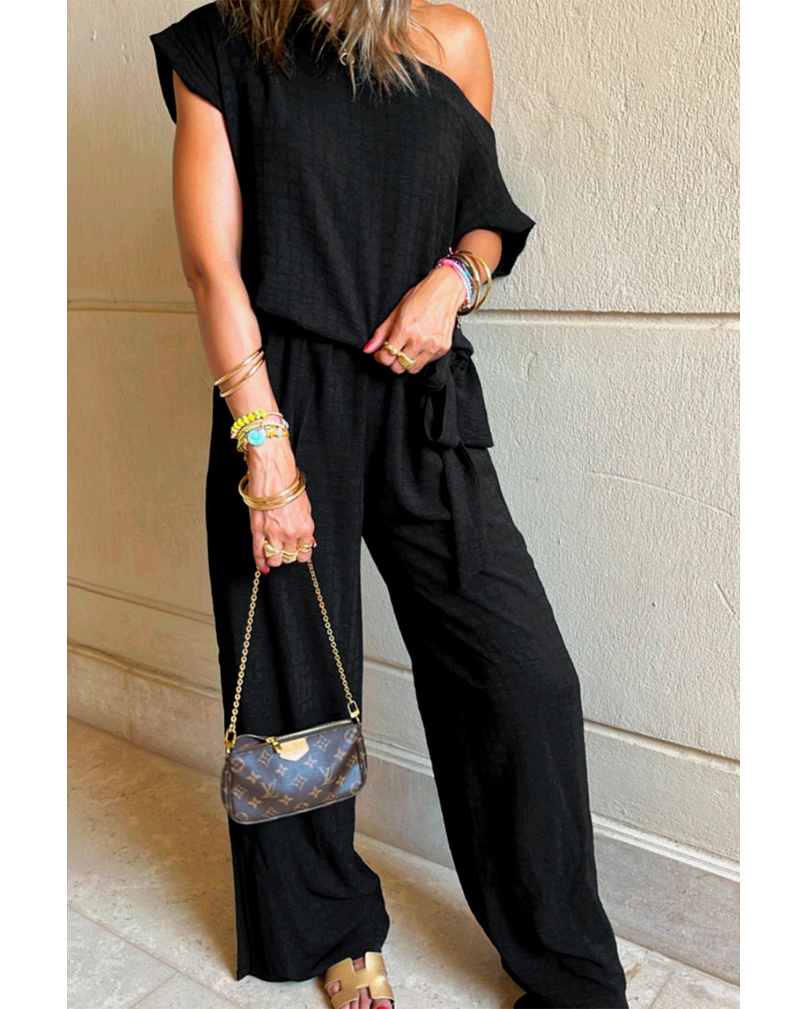 Black Checkered Mesh One Shoulder Short Sleeve Knotted Waist Jumpsuit - XL 3