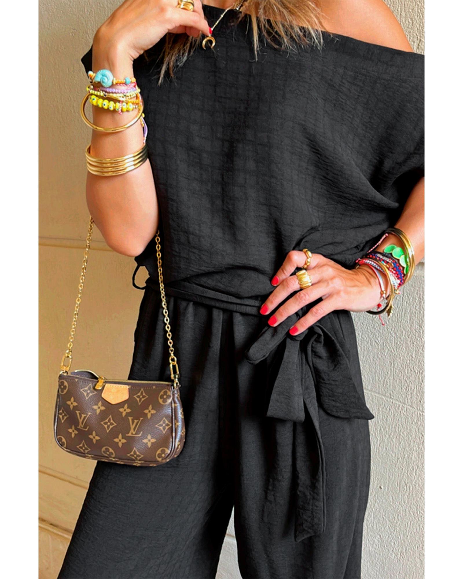 Black Checkered Mesh One Shoulder Short Sleeve Knotted Waist Jumpsuit - XL 5
