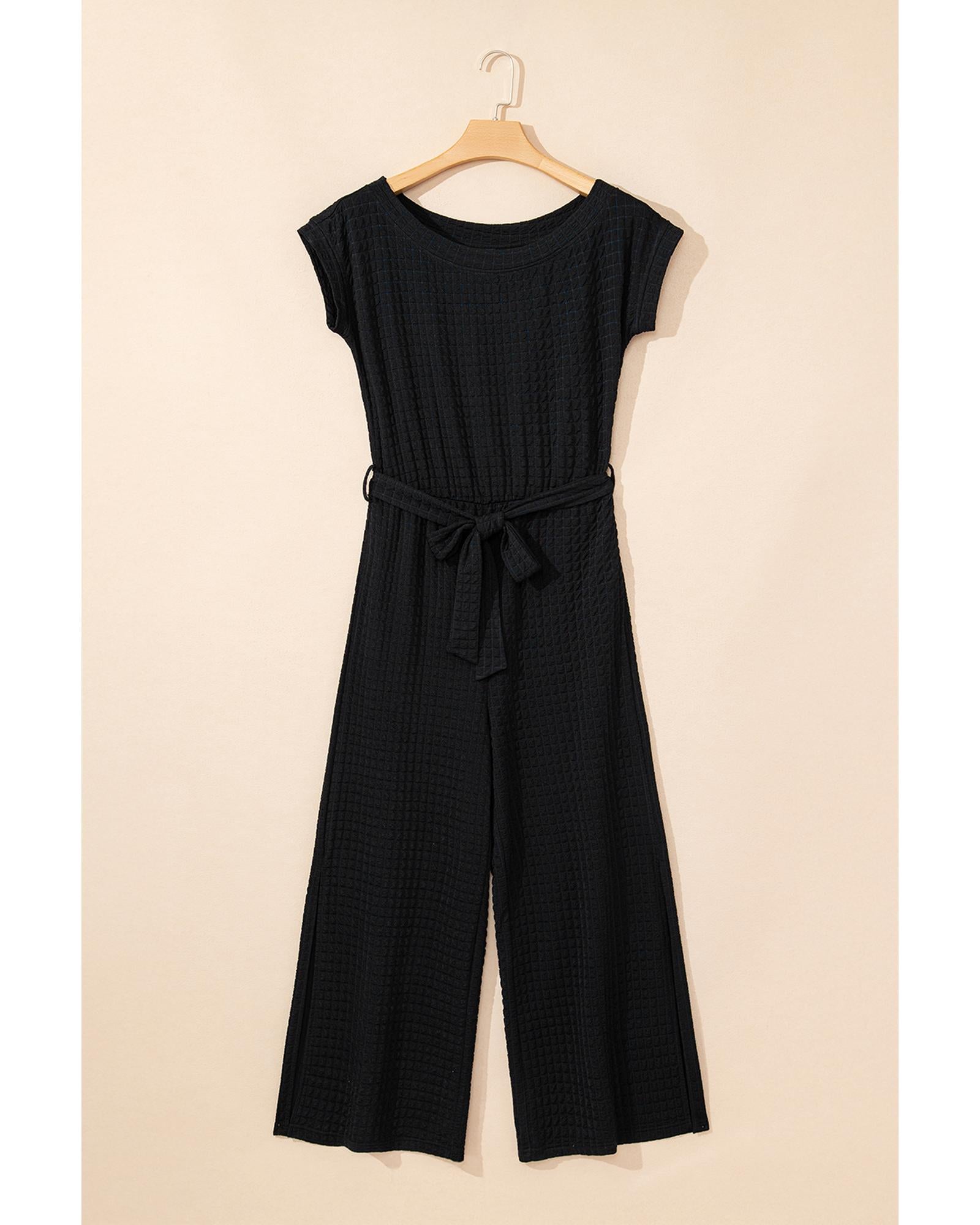 Black Checkered Mesh One Shoulder Short Sleeve Knotted Waist Jumpsuit - XL 6