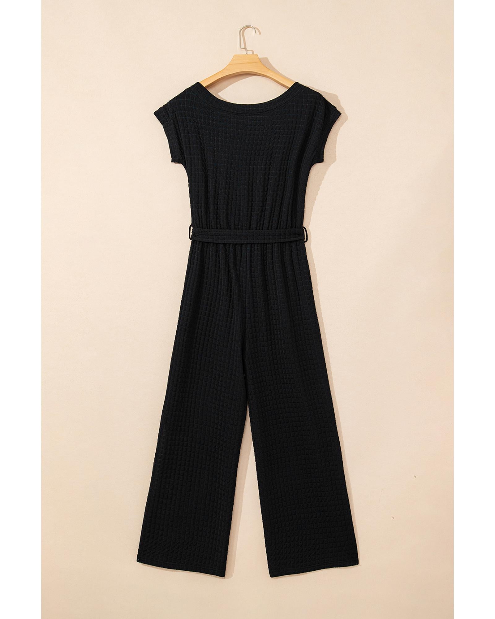 Black Checkered Mesh One Shoulder Short Sleeve Knotted Waist Jumpsuit - XL 7