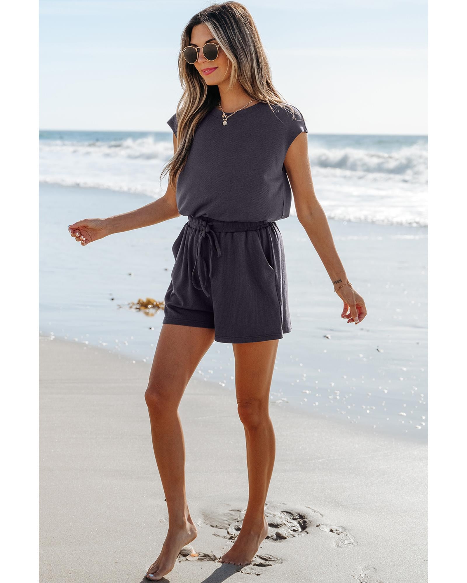 Bristol Black Knit Open Back Cap Sleeve Drawstring Romper - XL 5