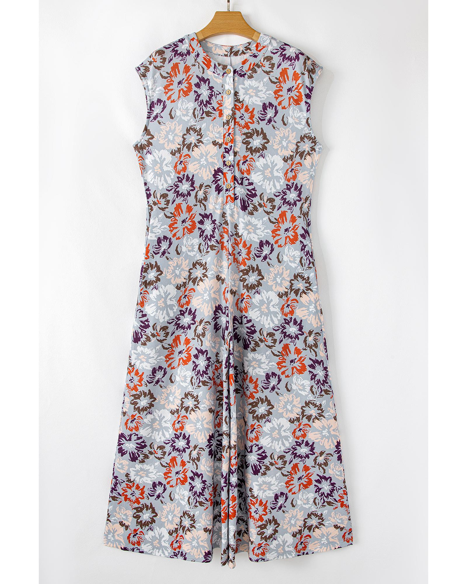 Sky Blue Floral Sleeveless Buttoned Pocketed Wide Leg Jumpsuit - L 7