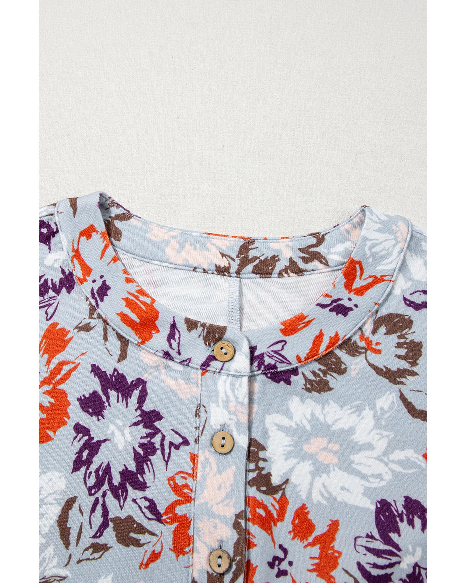 Sky Blue Floral Sleeveless Buttoned Pocketed Wide Leg Jumpsuit - M 3