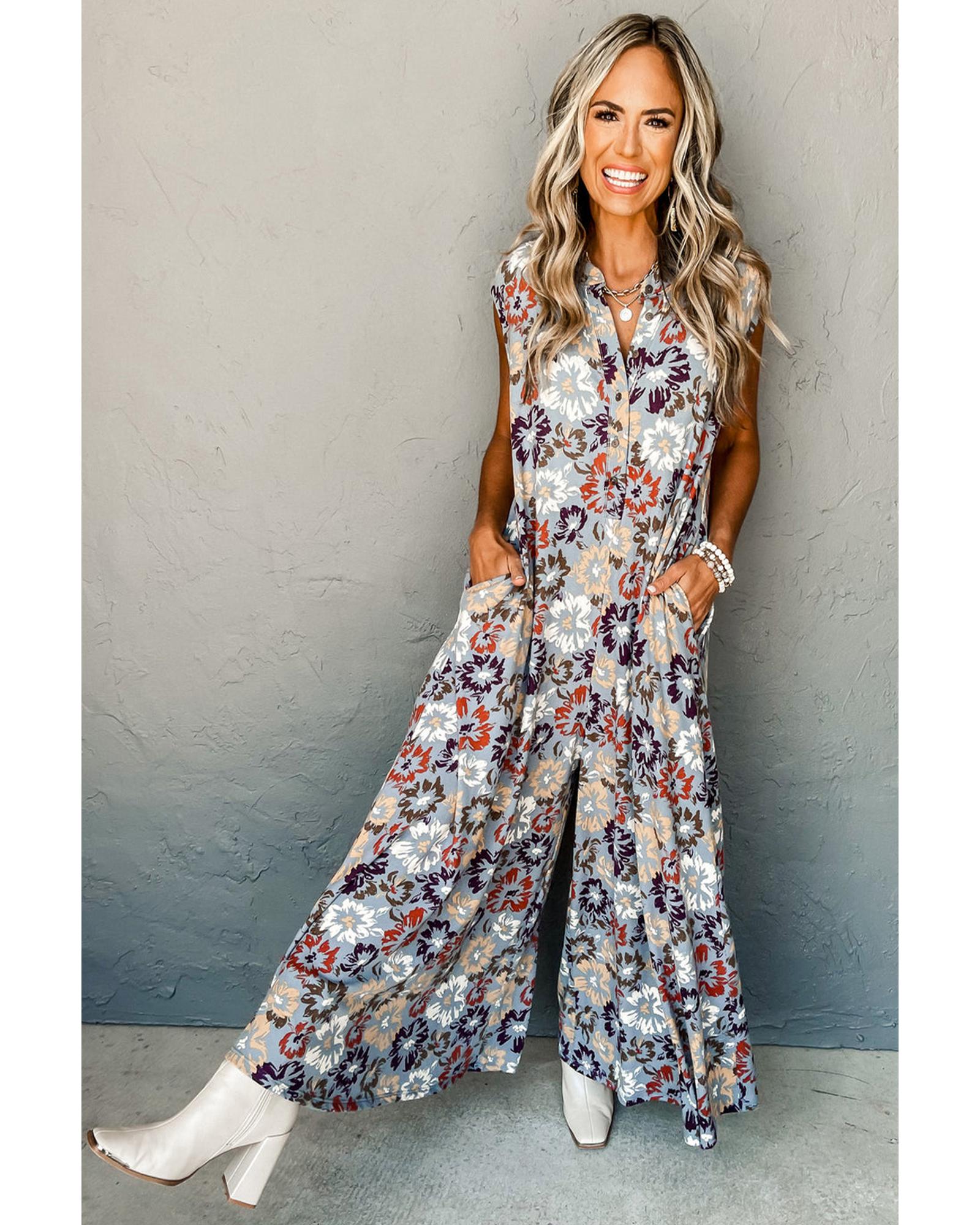 Sky Blue Floral Sleeveless Buttoned Pocketed Wide Leg Jumpsuit - M 6