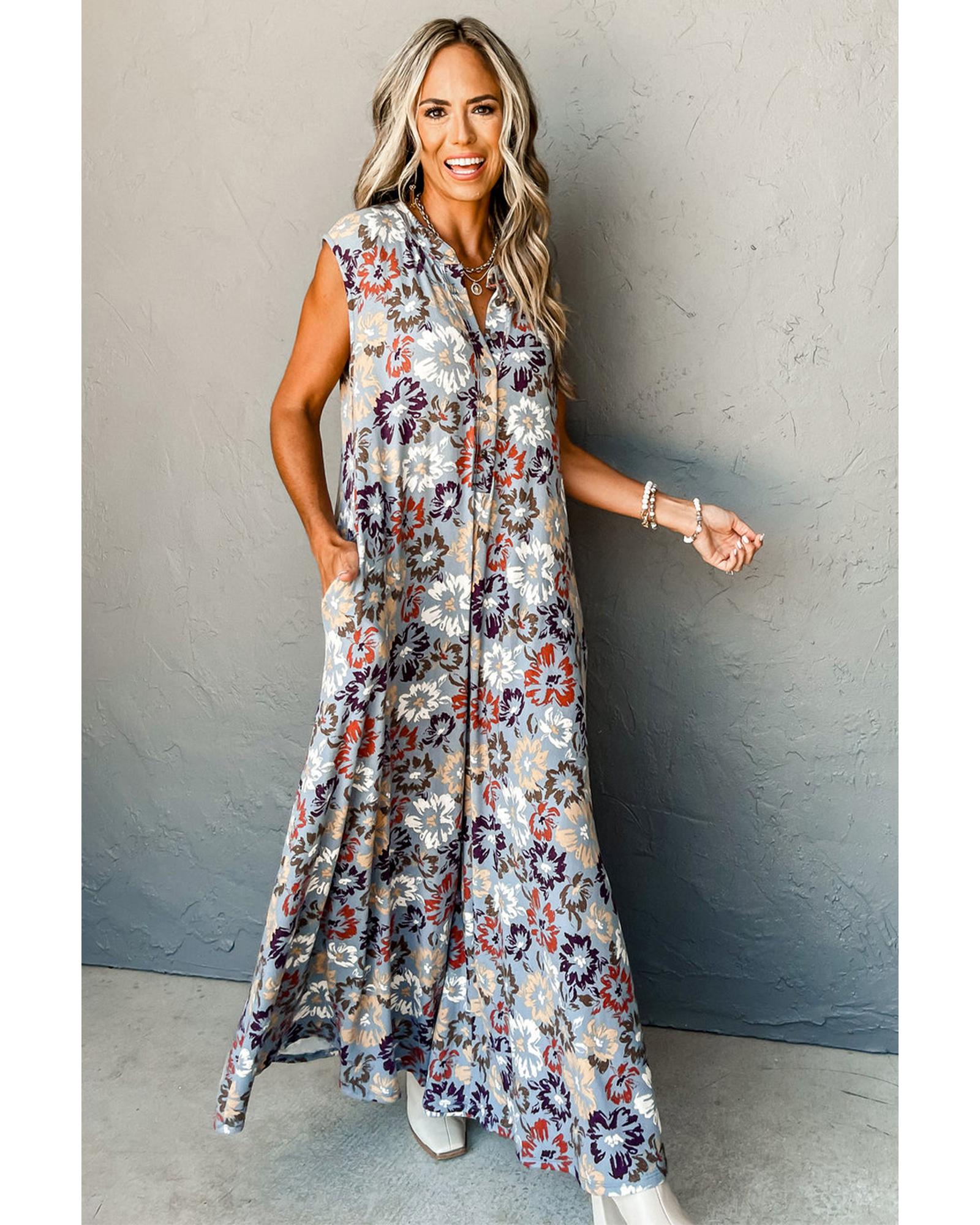 Sky Blue Floral Sleeveless Buttoned Pocketed Wide Leg Jumpsuit - S 5