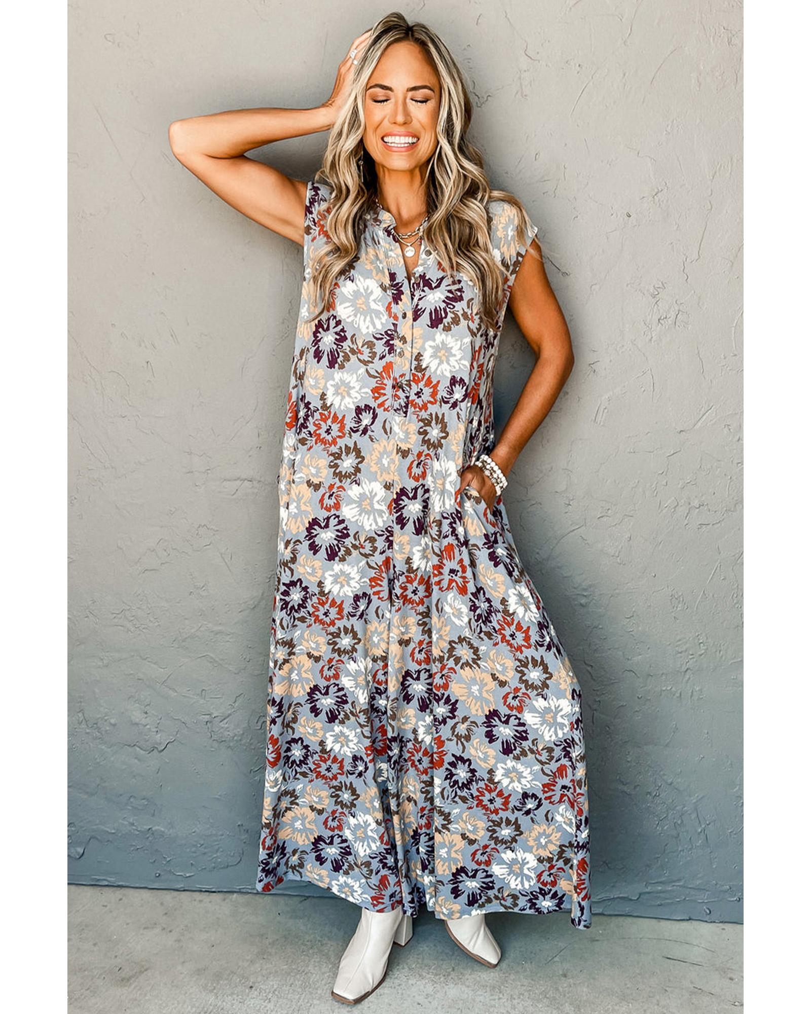 Sky Blue Floral Sleeveless Buttoned Pocketed Wide Leg Jumpsuit - XL 4