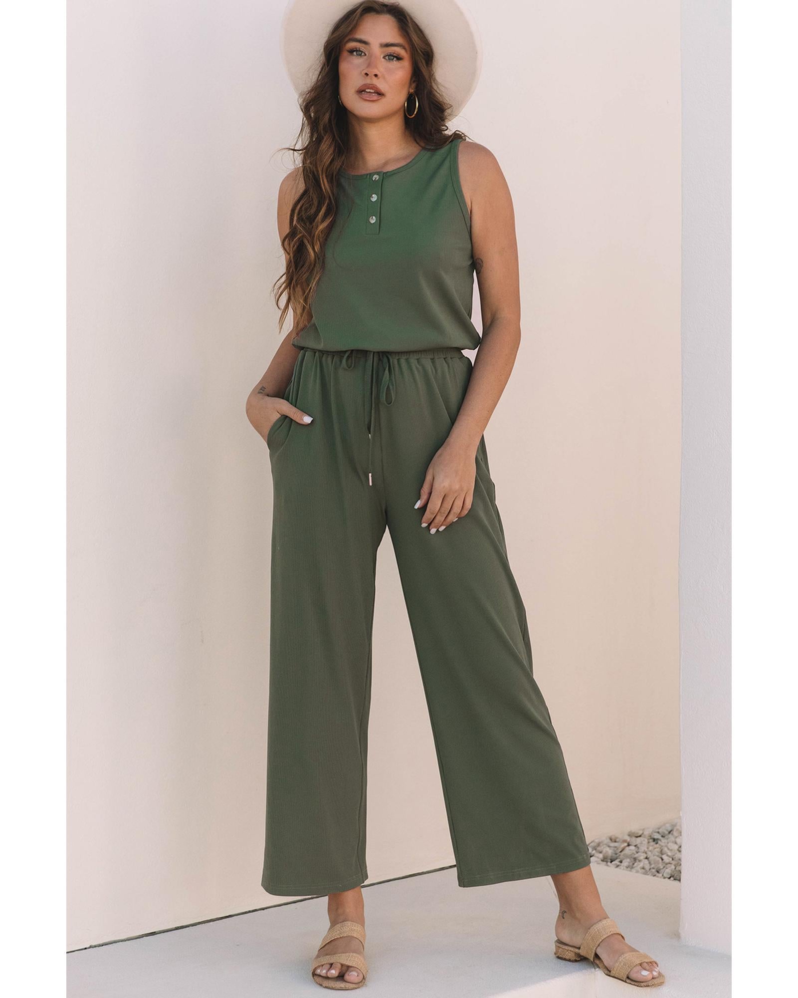 Vineyard Green Buttoned Drawstring Waist Sleeveless Wide Leg Jumpsuit - M