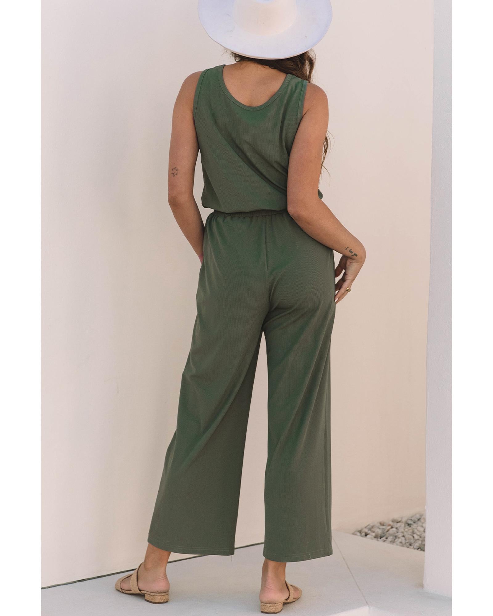Vineyard Green Buttoned Drawstring Waist Sleeveless Wide Leg Jumpsuit - M