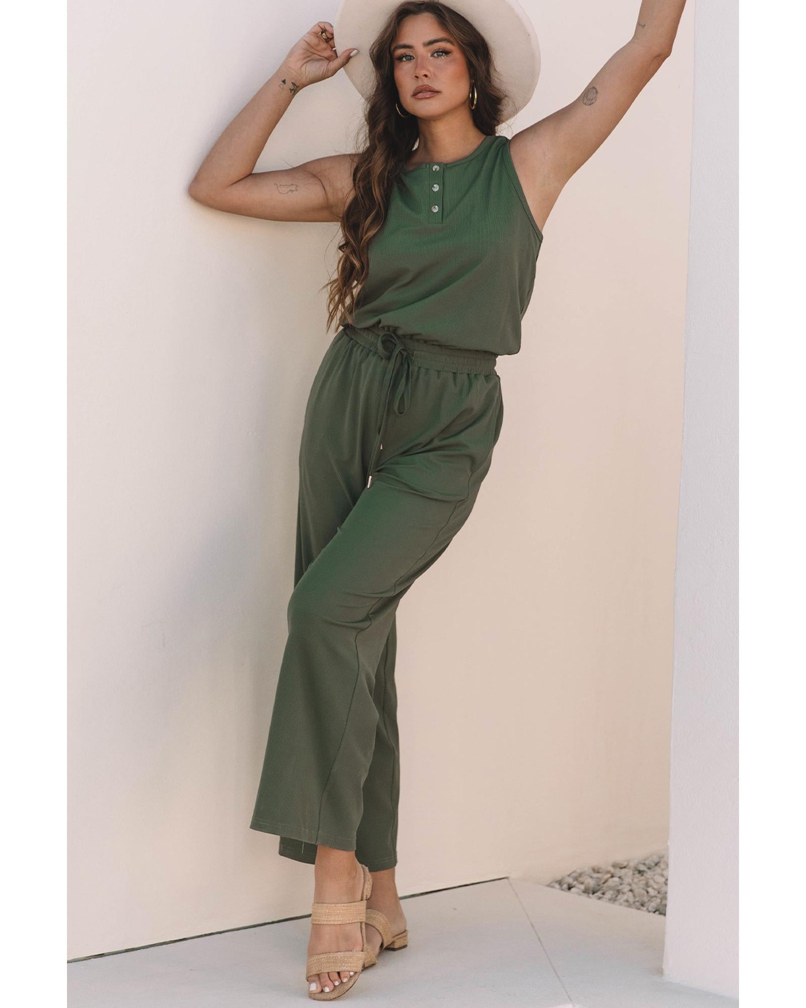 Vineyard Green Buttoned Drawstring Waist Sleeveless Wide Leg Jumpsuit - M 6