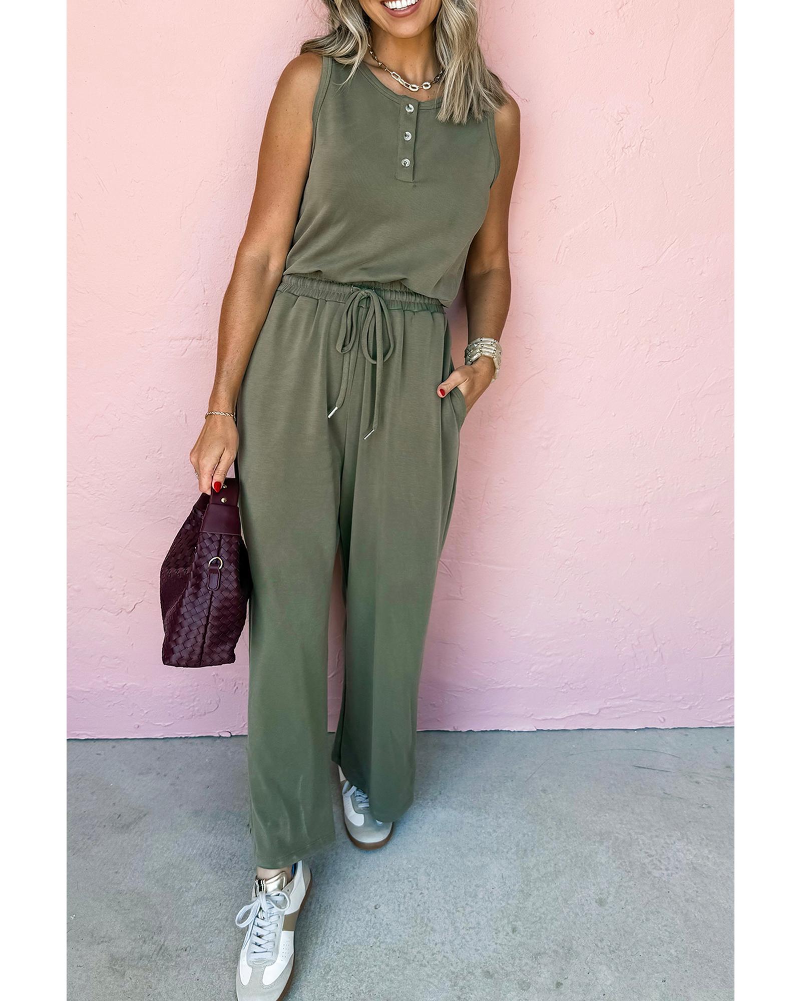 Vineyard Green Buttoned Drawstring Waist Sleeveless Wide Leg Jumpsuit - M 8