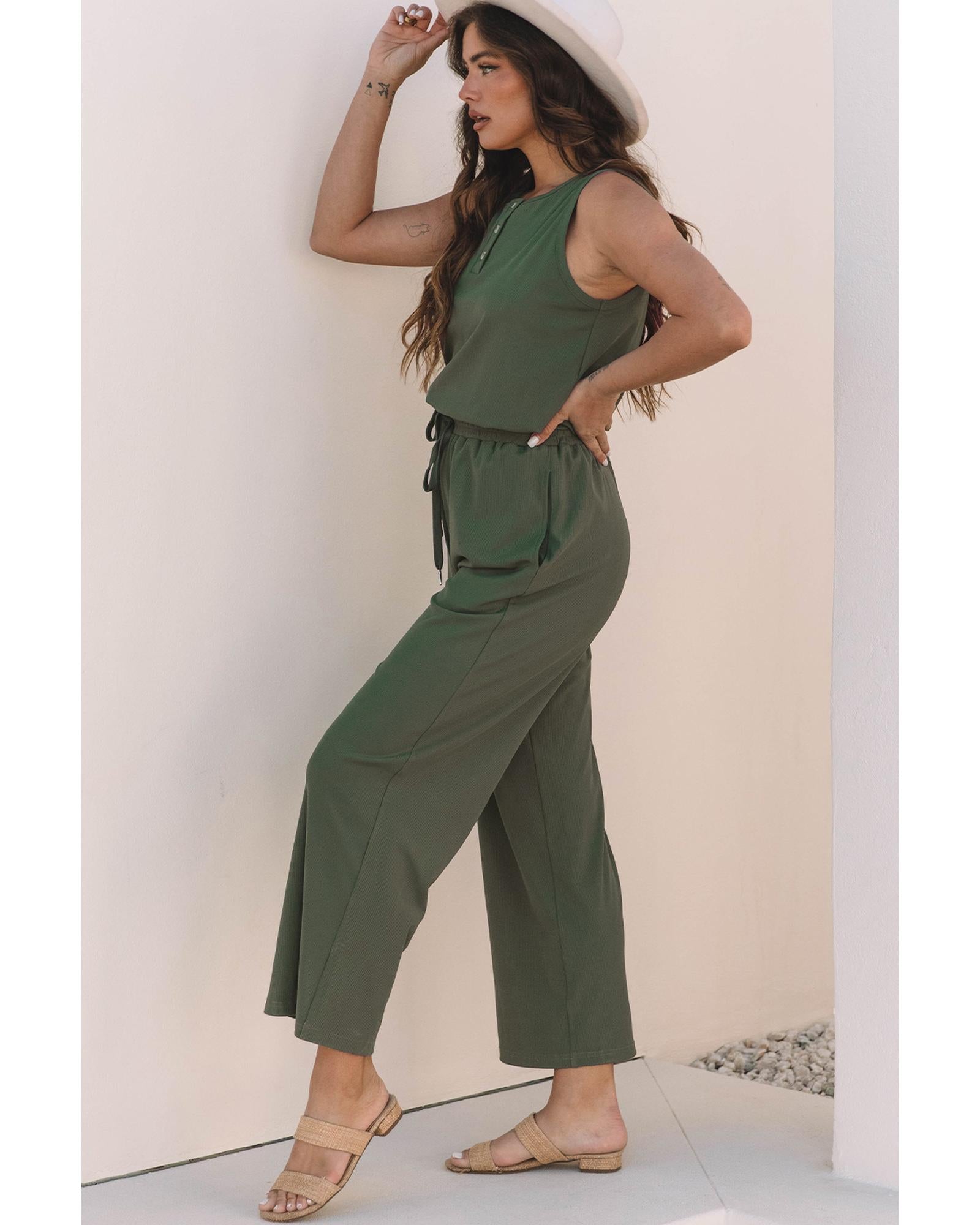 Vineyard Green Buttoned Drawstring Waist Sleeveless Wide Leg Jumpsuit - XL 3