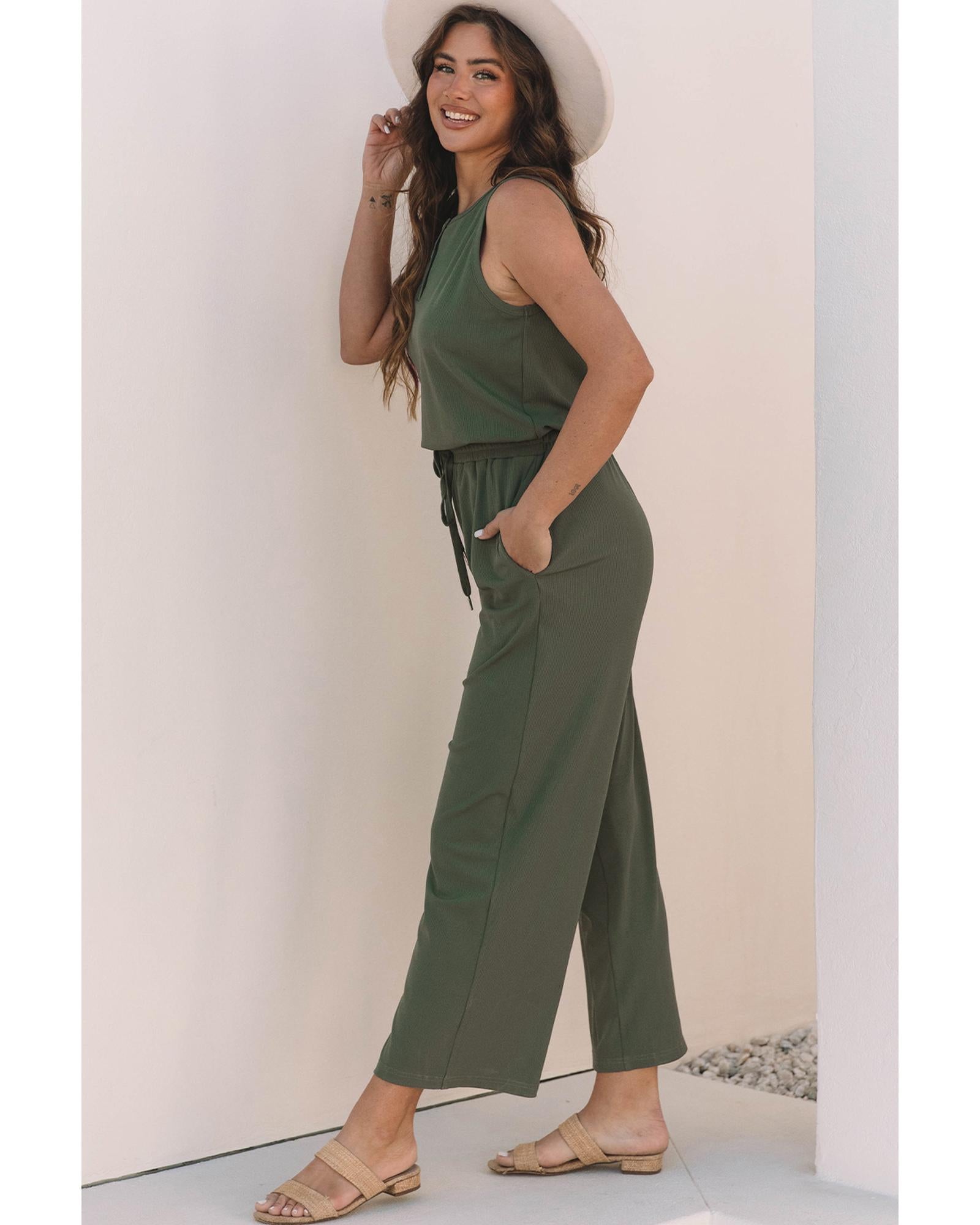 Vineyard Green Buttoned Drawstring Waist Sleeveless Wide Leg Jumpsuit - XL 4
