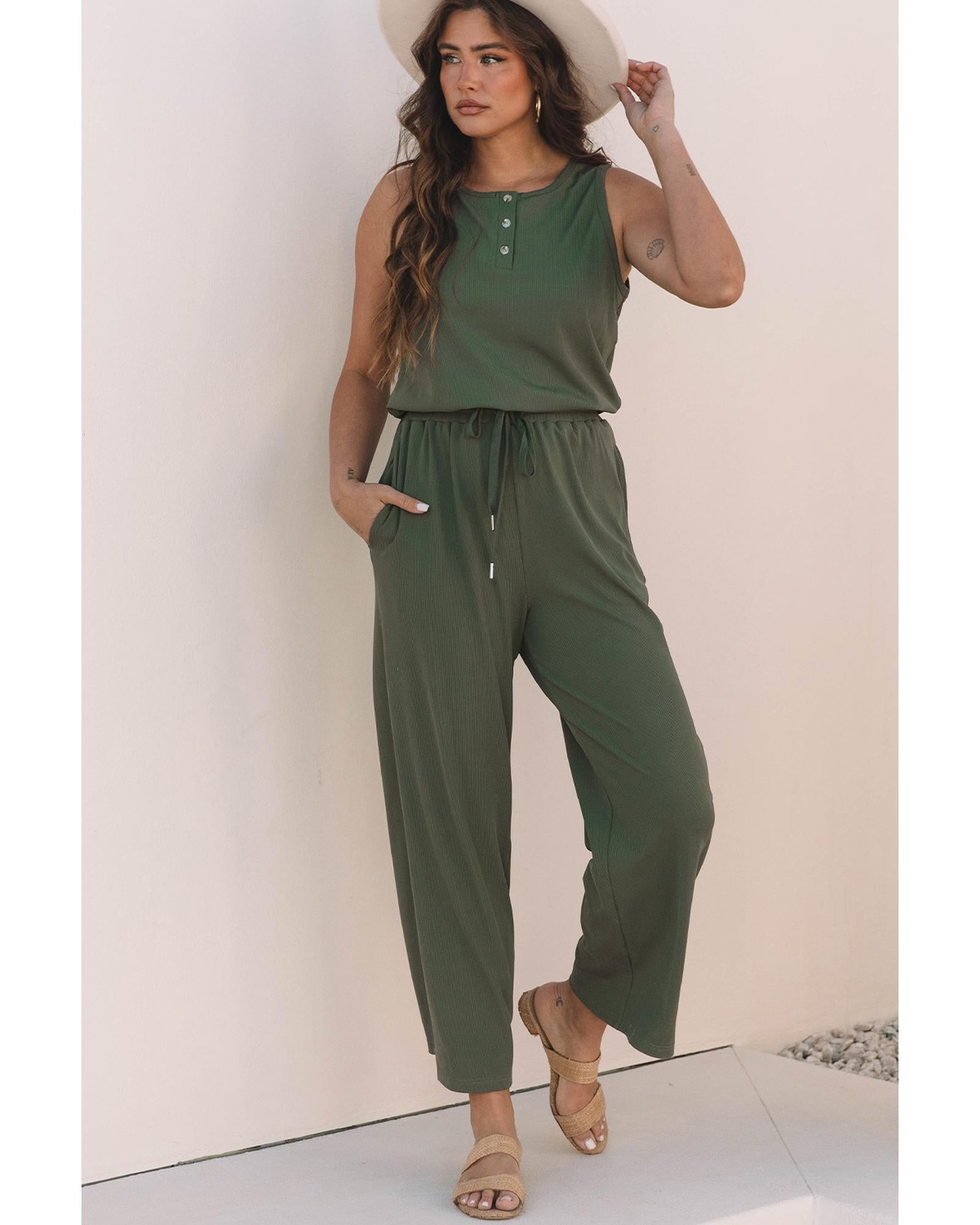 Vineyard Green Buttoned Drawstring Waist Sleeveless Wide Leg Jumpsuit - XL 5