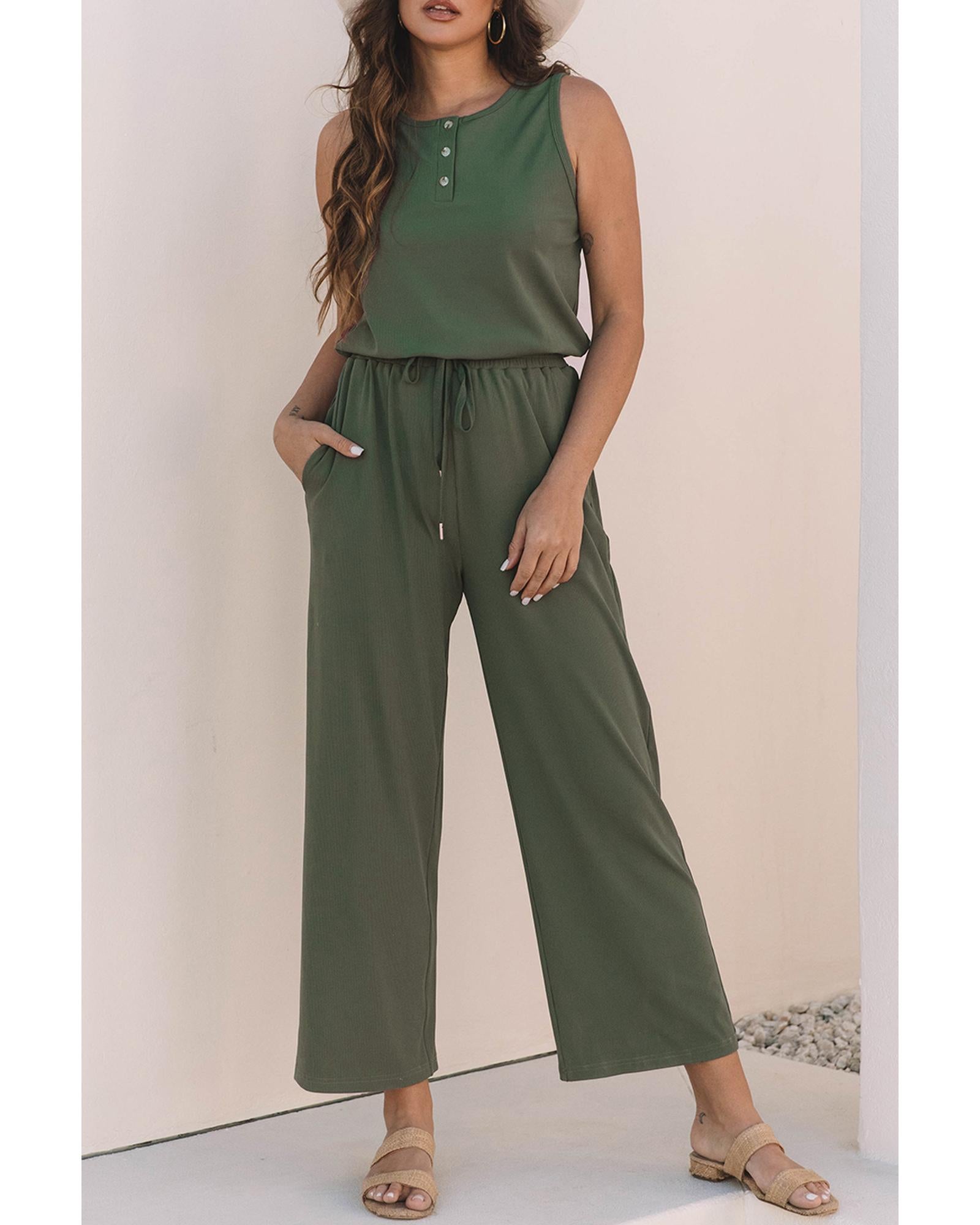 Vineyard Green Buttoned Drawstring Waist Sleeveless Wide Leg Jumpsuit - XL 7