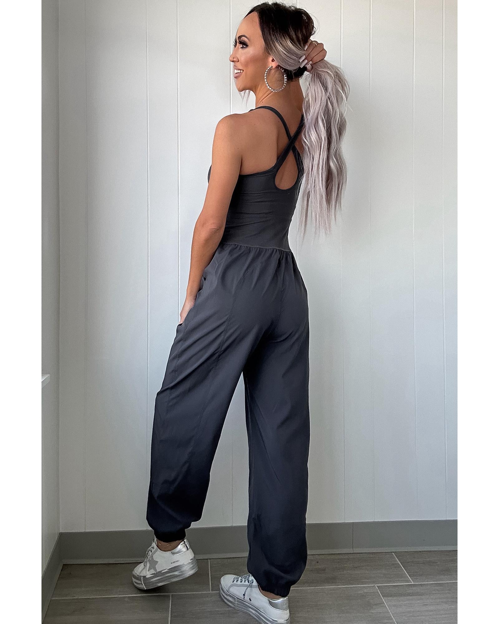 Carbon Grey Back Crossed Straps Hollow Out Jogger Jumpsuit - L