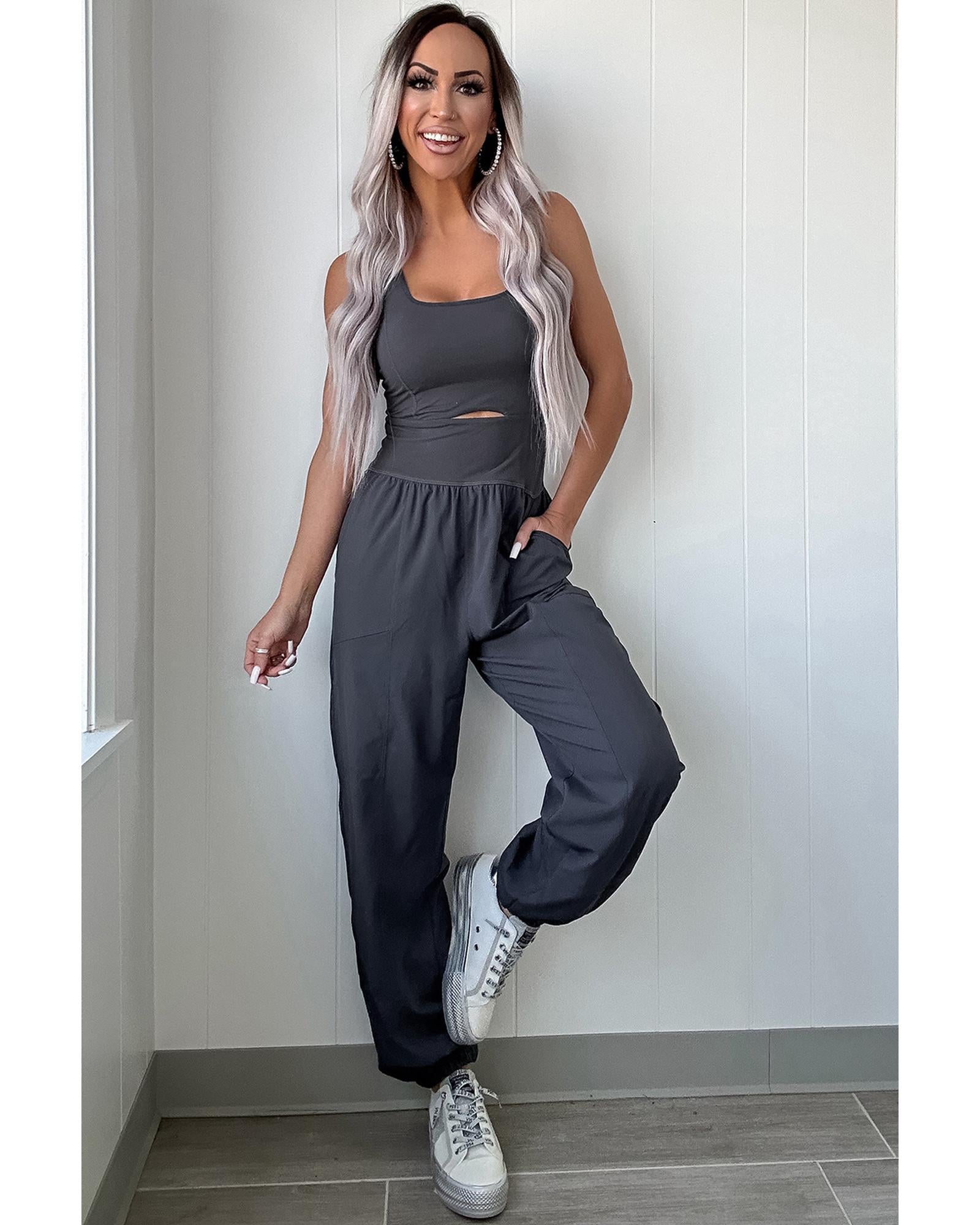 Carbon Grey Back Crossed Straps Hollow Out Jogger Jumpsuit - L 3