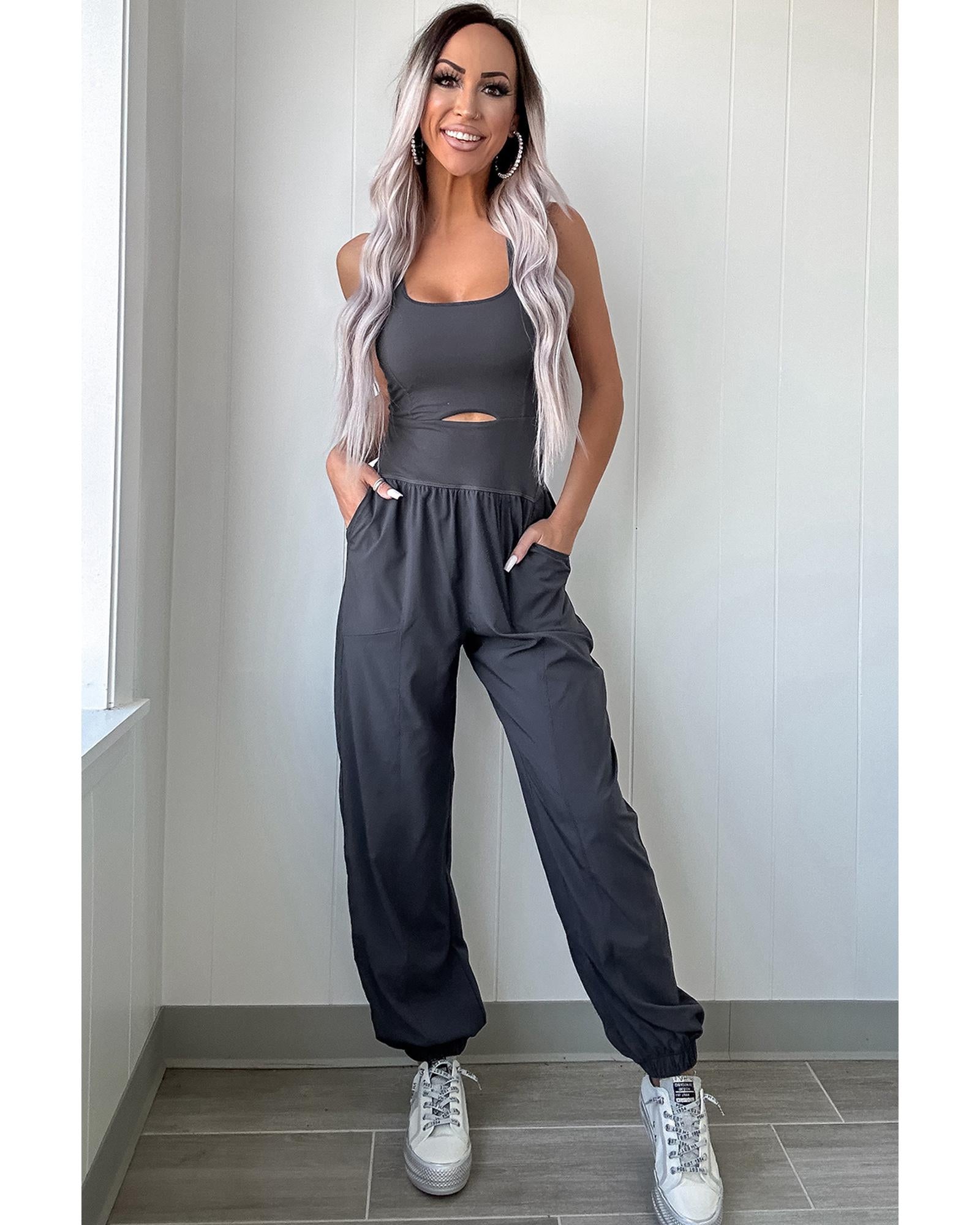 Carbon Grey Back Crossed Straps Hollow Out Jogger Jumpsuit - XL 4