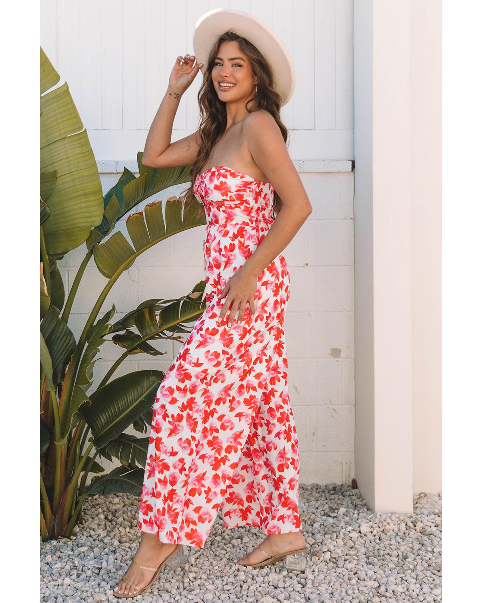 Pink Floral Print Twisted Bandeau Keyhole Pleated Wide Leg Jumpsuit - M 4