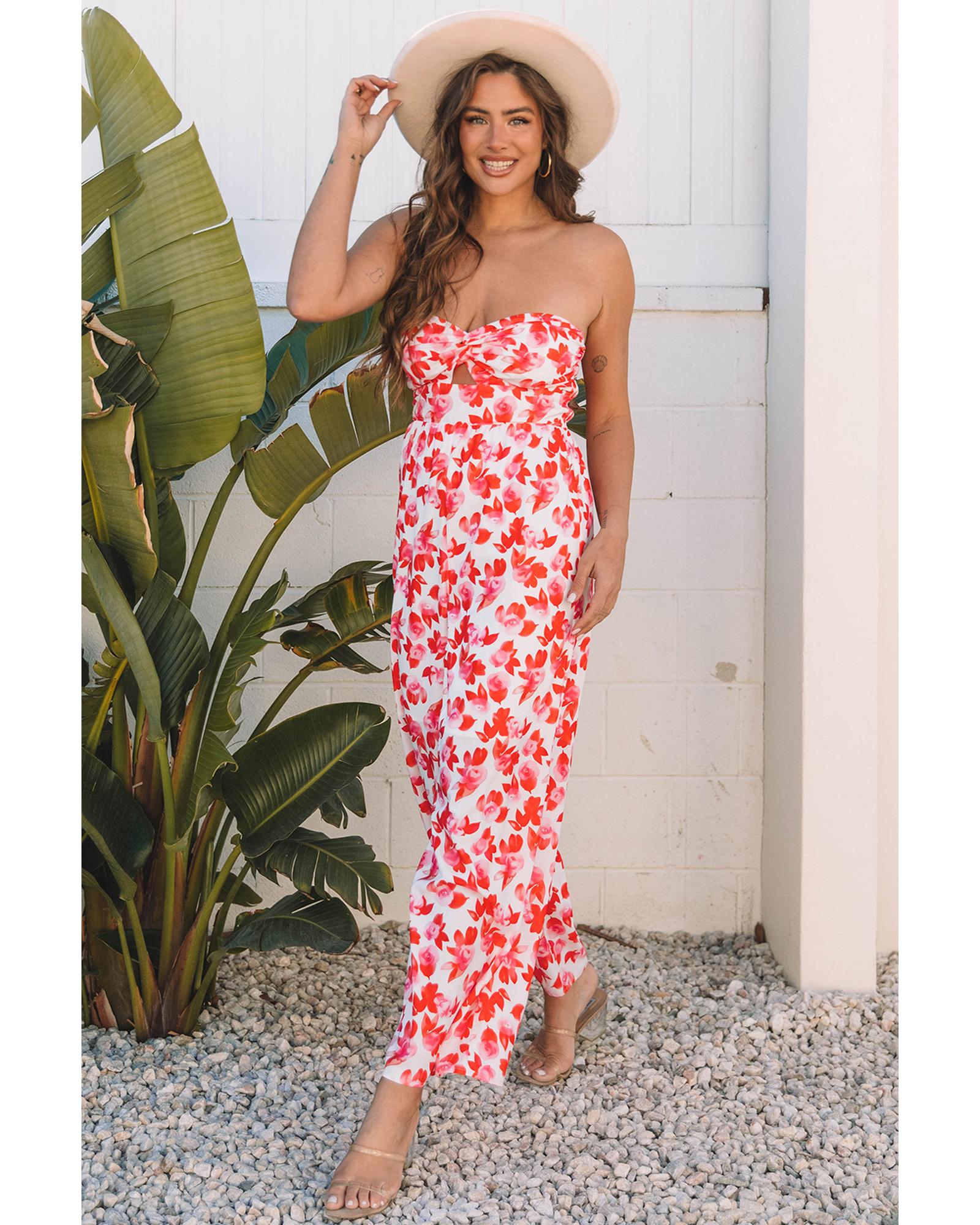 Pink Floral Print Twisted Bandeau Keyhole Pleated Wide Leg Jumpsuit - M 5