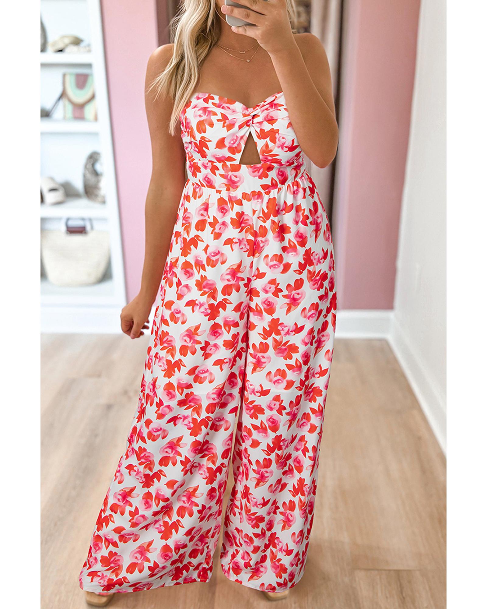 Pink Floral Print Twisted Bandeau Keyhole Pleated Wide Leg Jumpsuit - M 8