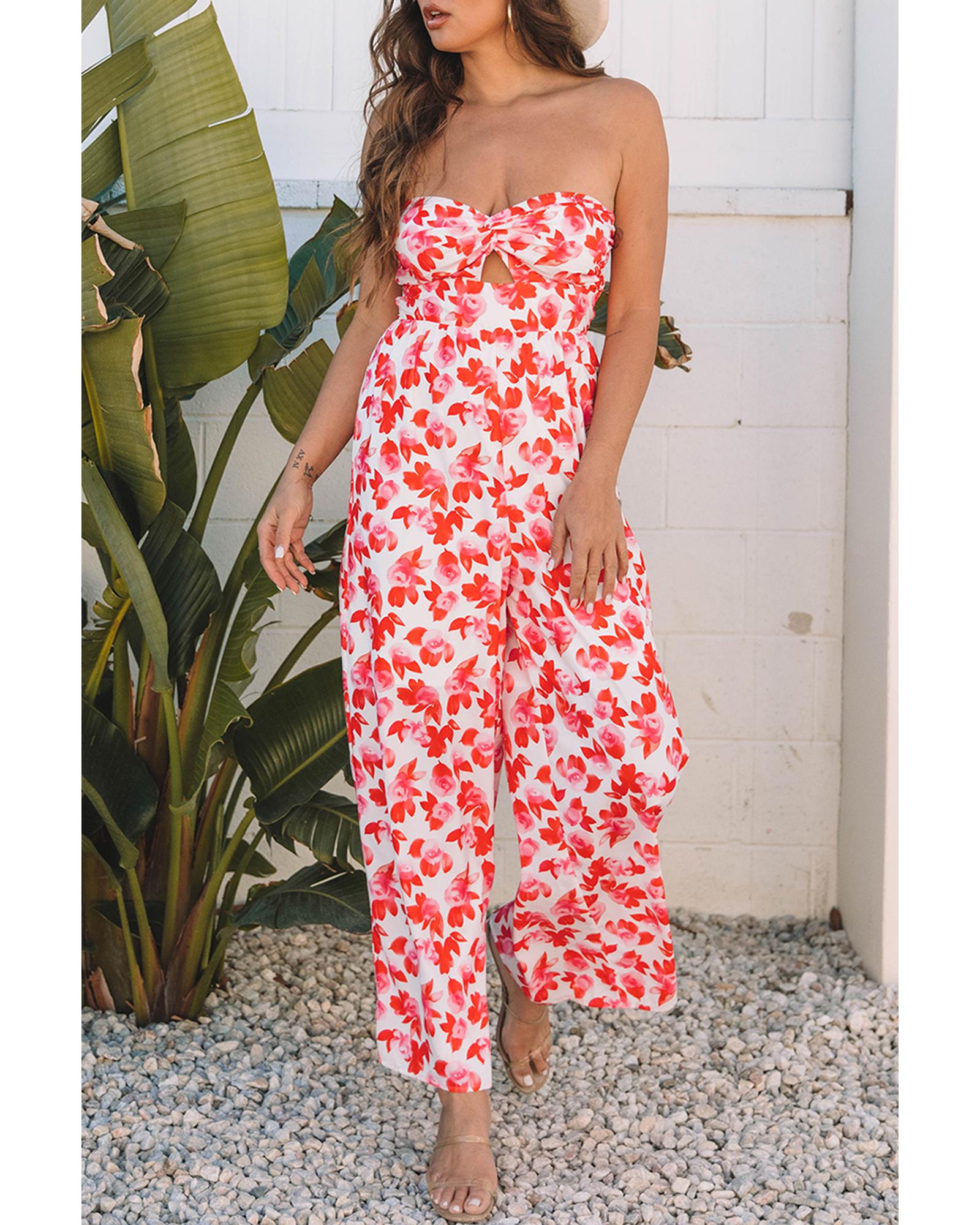 Pink Floral Print Twisted Bandeau Keyhole Pleated Wide Leg Jumpsuit - XL 7
