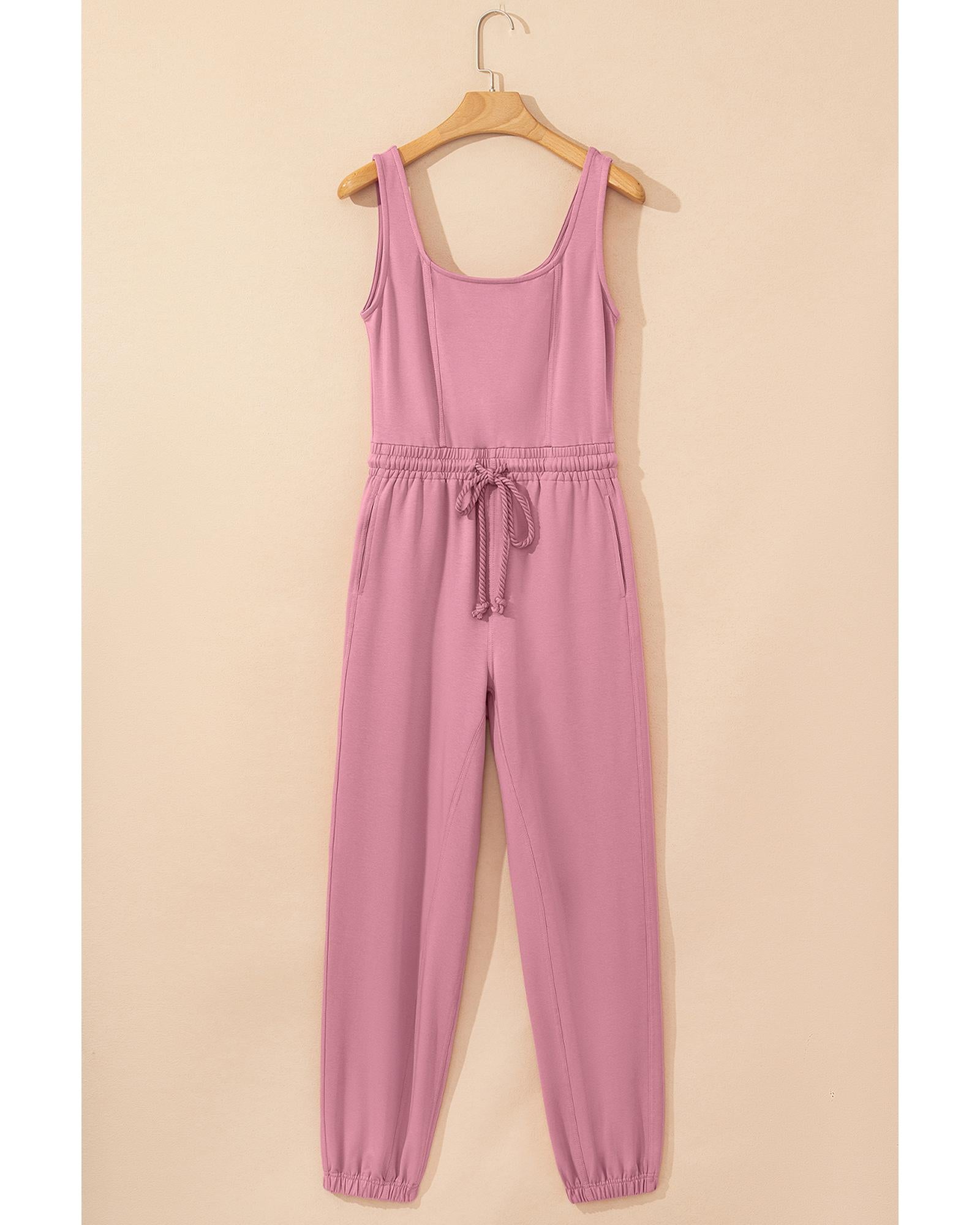Light Pink Lace-up Elastic Waist Sleeveless Square Neck Jumpsuit - L 3