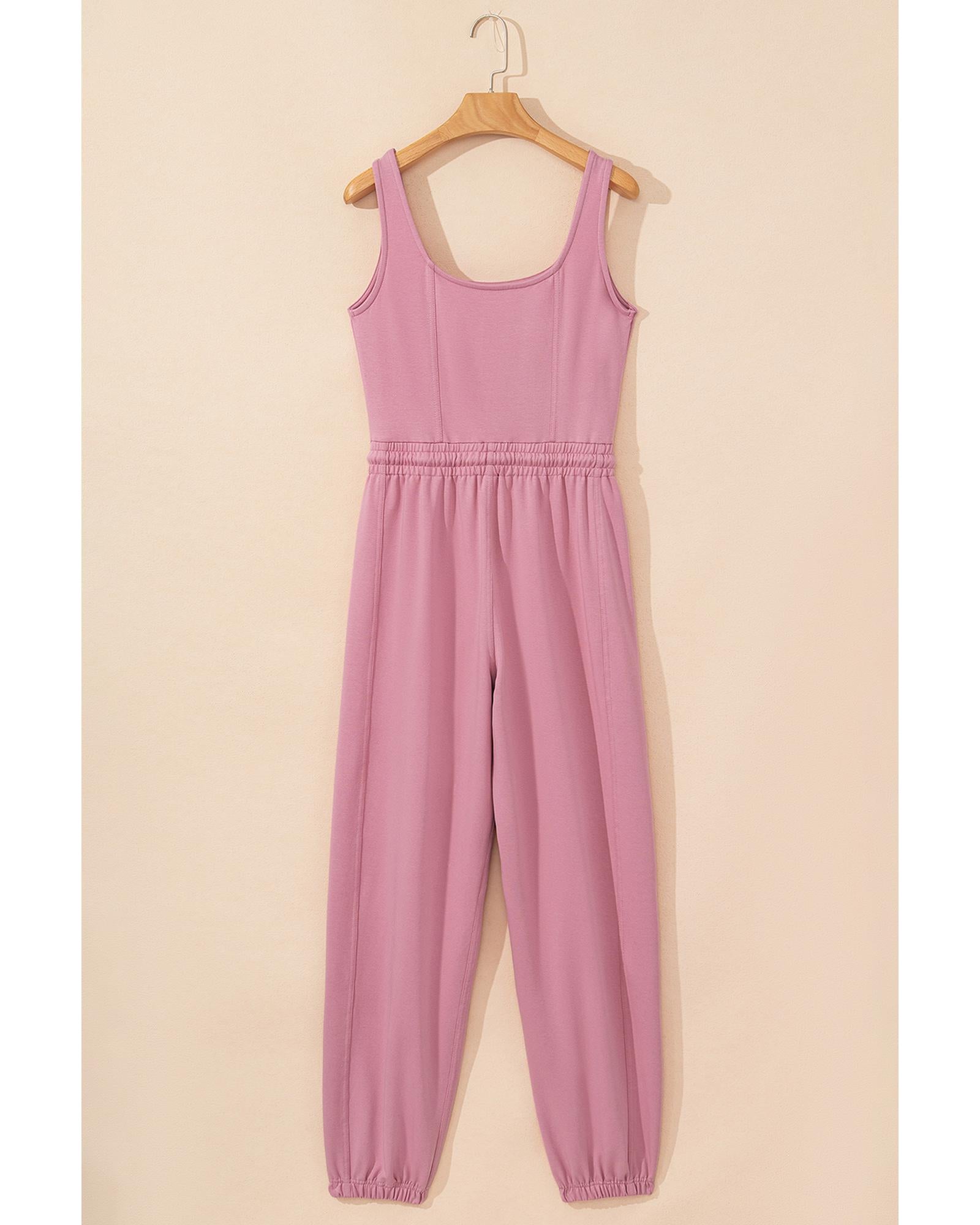 Light Pink Lace-up Elastic Waist Sleeveless Square Neck Jumpsuit - XL 3