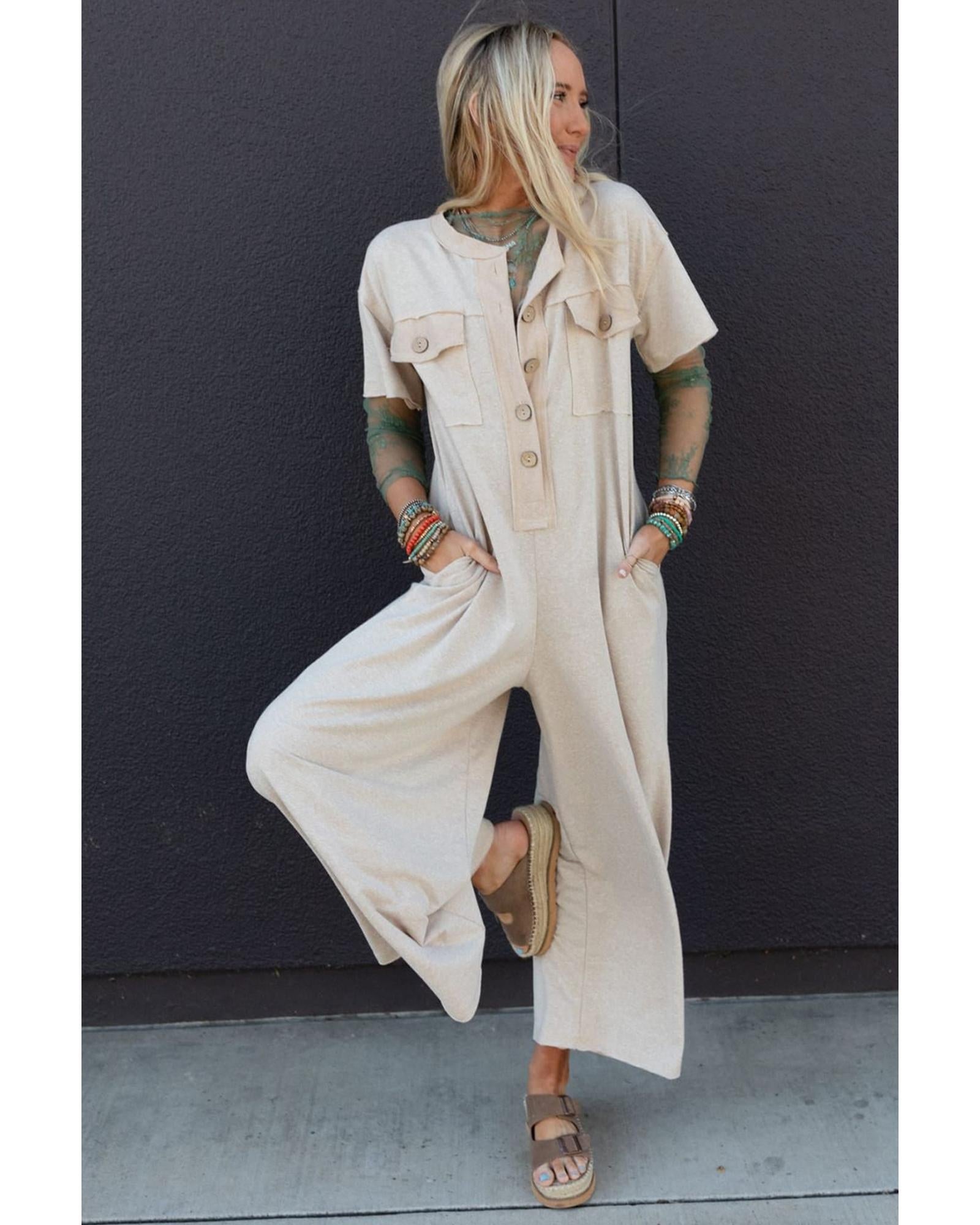 Beige Half Placket Chest Pockets Short Sleeve Wide Leg Jumpsuit - M 3