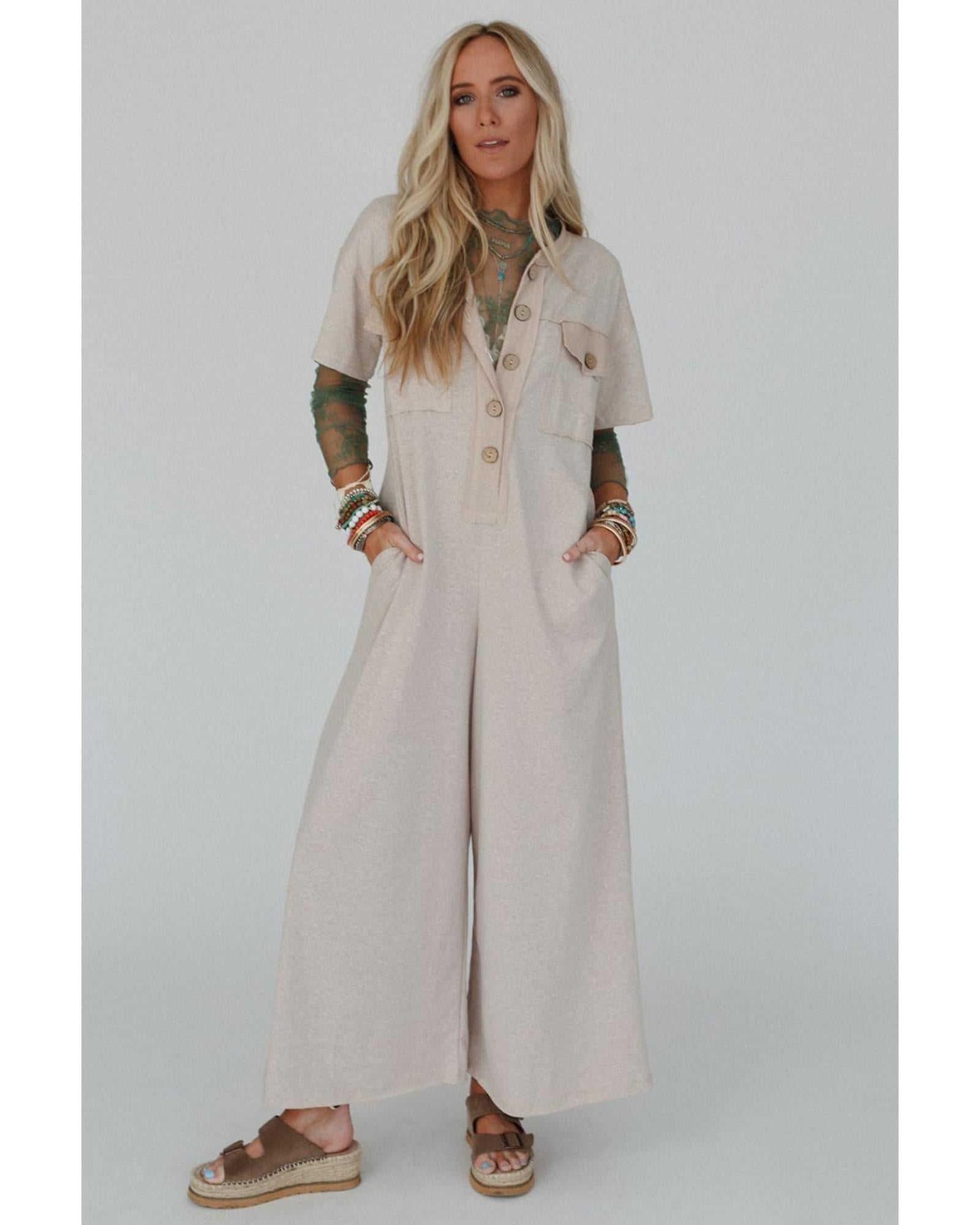 Beige Half Placket Chest Pockets Short Sleeve Wide Leg Jumpsuit - M 4