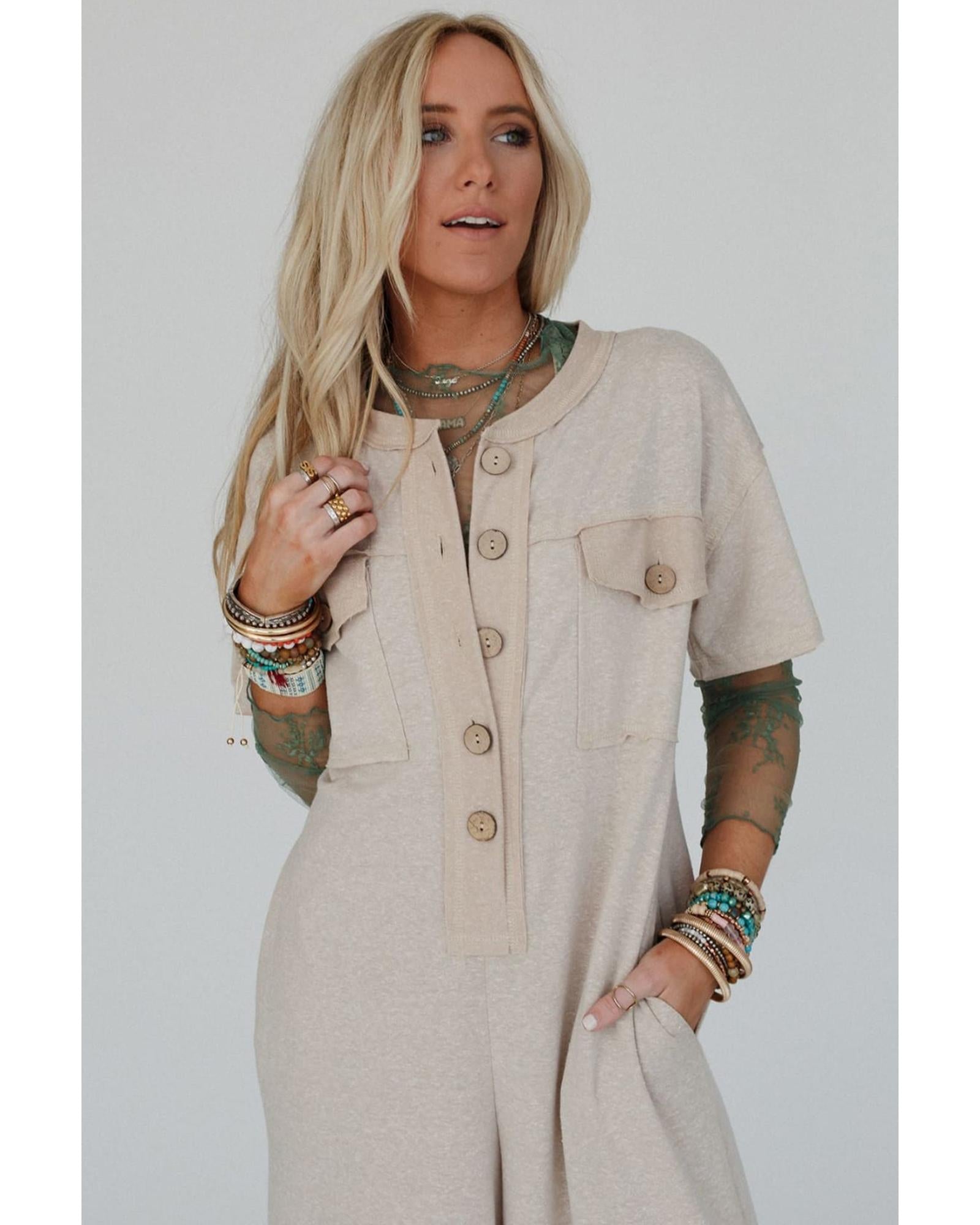 Beige Half Placket Chest Pockets Short Sleeve Wide Leg Jumpsuit - M 6
