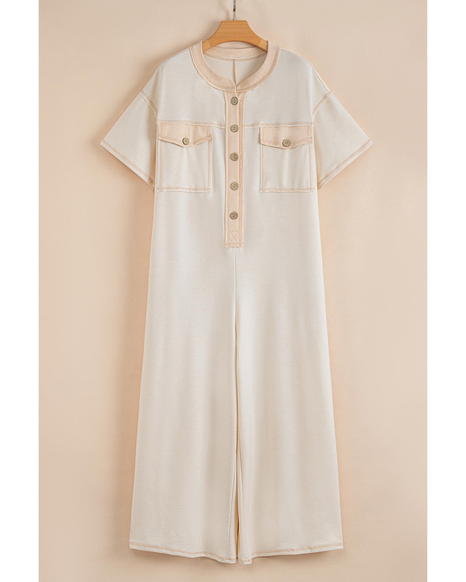 Beige Half Placket Chest Pockets Short Sleeve Wide Leg Jumpsuit - M 8