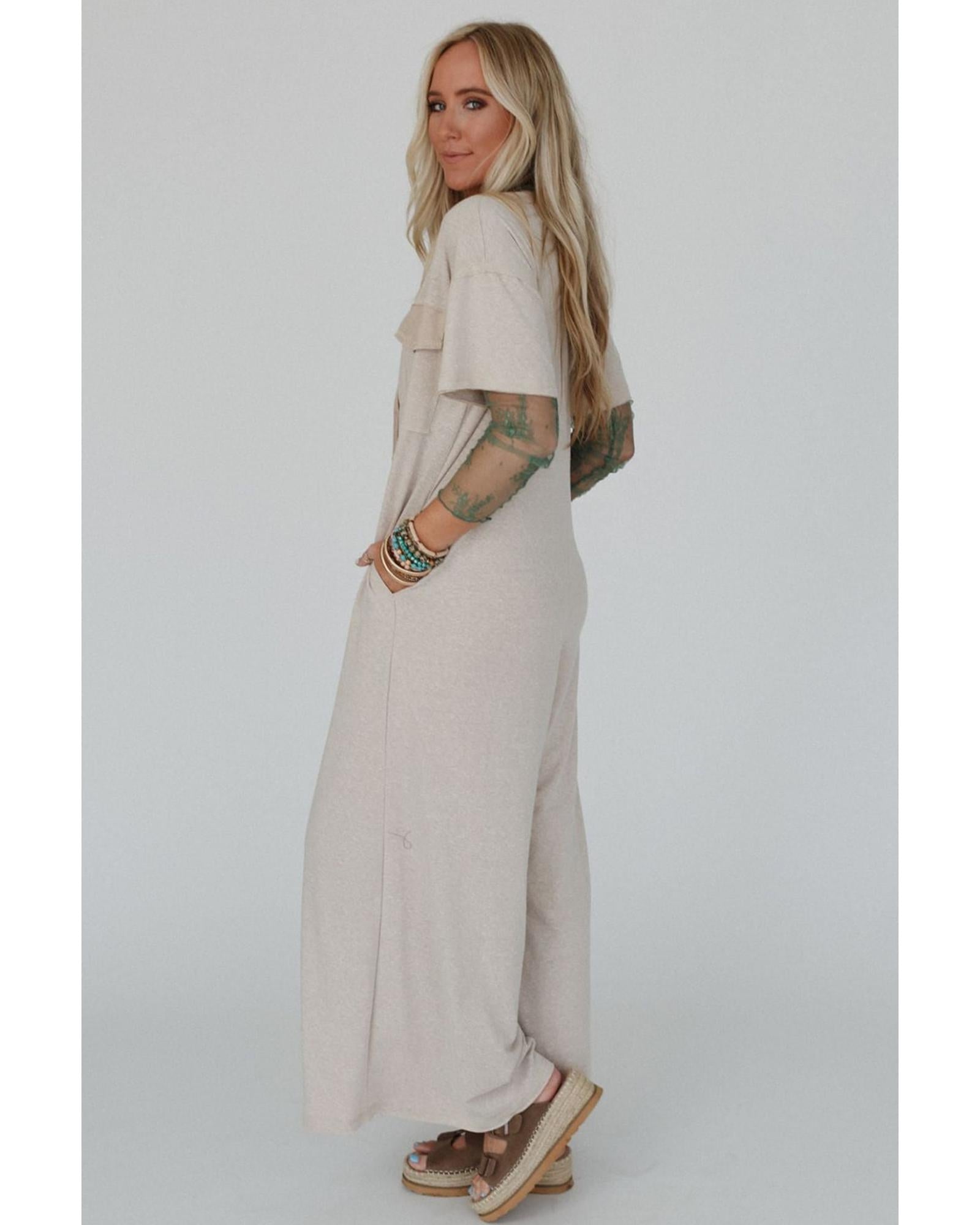 Beige Half Placket Chest Pockets Short Sleeve Wide Leg Jumpsuit - S 5