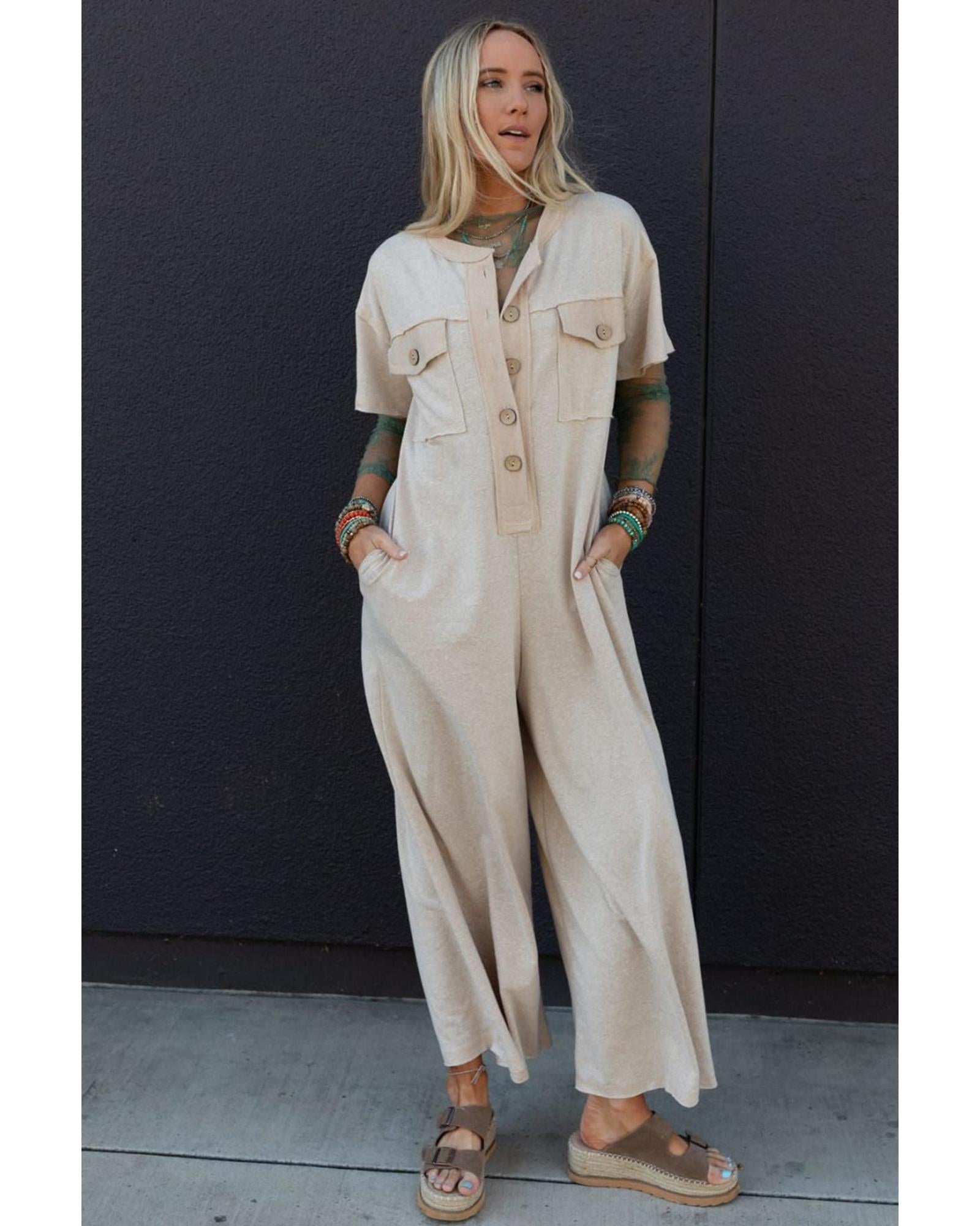 Beige Half Placket Chest Pockets Short Sleeve Wide Leg Jumpsuit - S 7