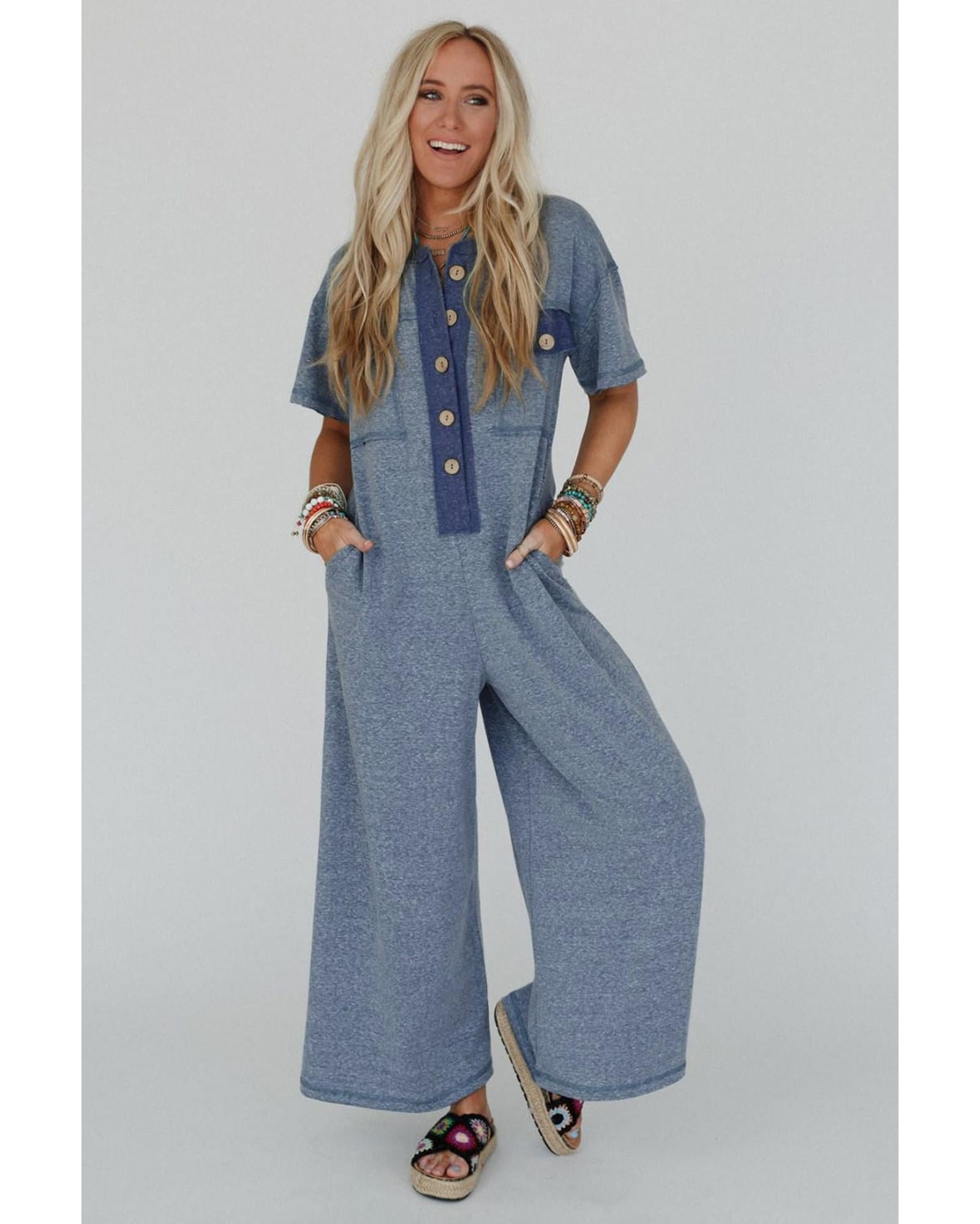 Beau Blue Half Placket Chest Pockets Short Sleeve Wide Leg Jumpsuit - M 4