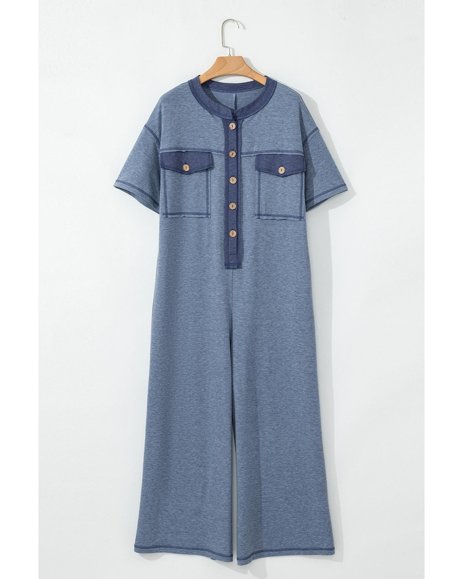 Beau Blue Half Placket Chest Pockets Short Sleeve Wide Leg Jumpsuit - M 5