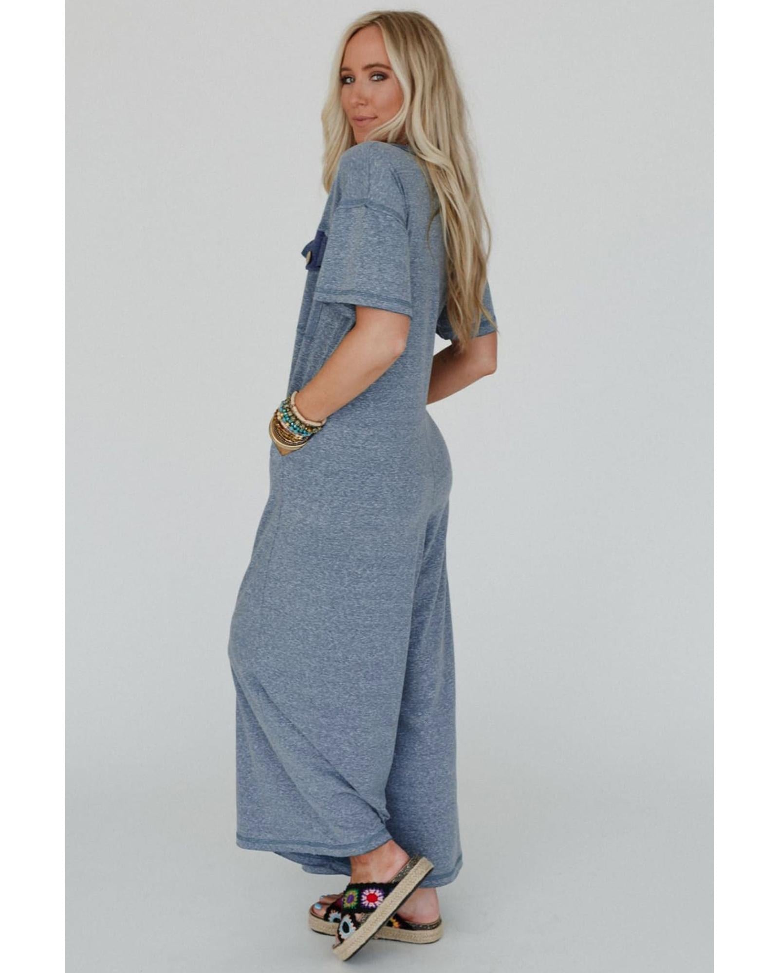 Beau Blue Half Placket Chest Pockets Short Sleeve Wide Leg Jumpsuit - XL 3