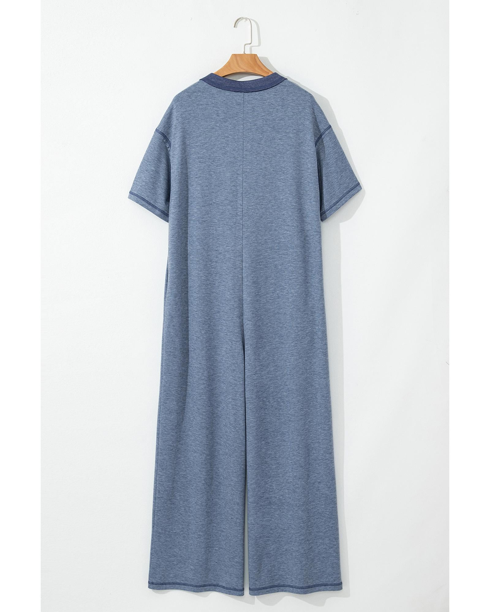Beau Blue Half Placket Chest Pockets Short Sleeve Wide Leg Jumpsuit - XL 6