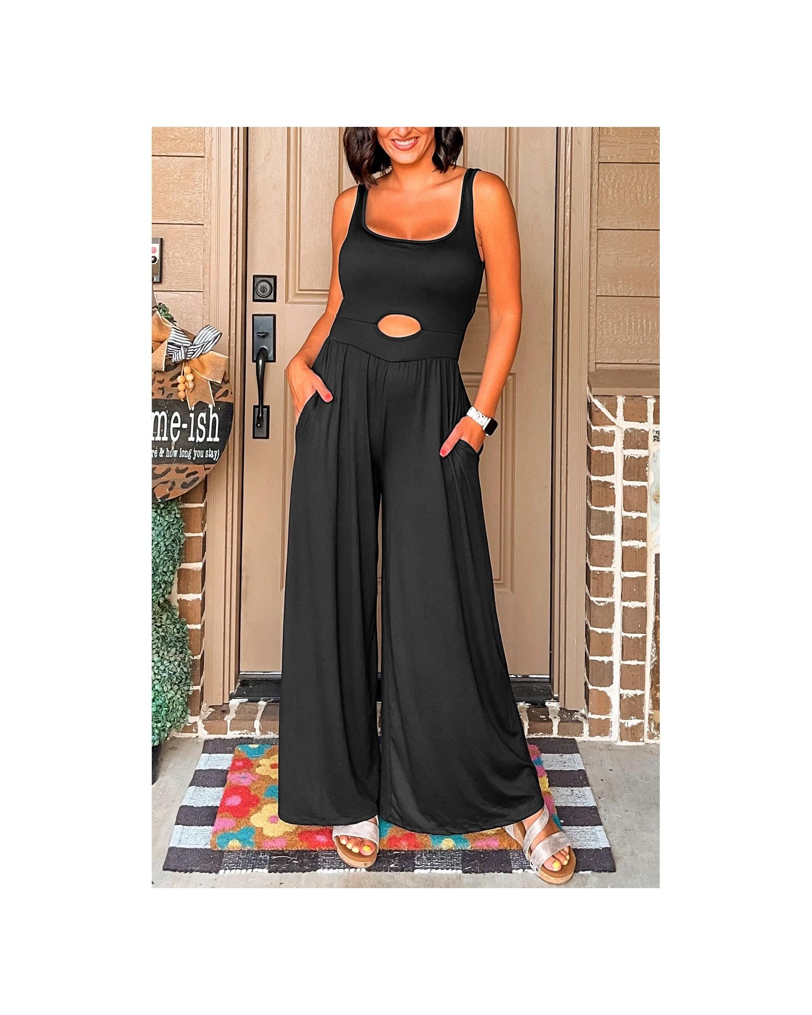 Black Peekaboo Wide Leg Square Neck Sleeveless Jumpsuit - M